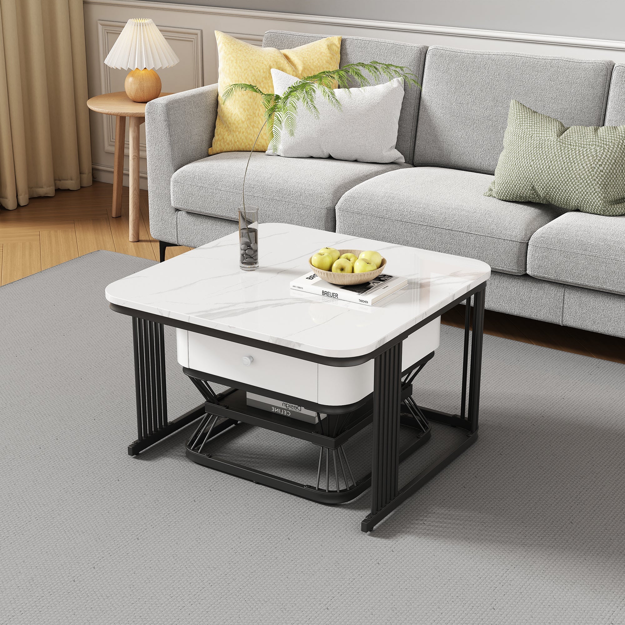 2-Piece Geometric Coffee Table Set with Drawer, High-Gloss Marble Look, White/Black - Image 2
