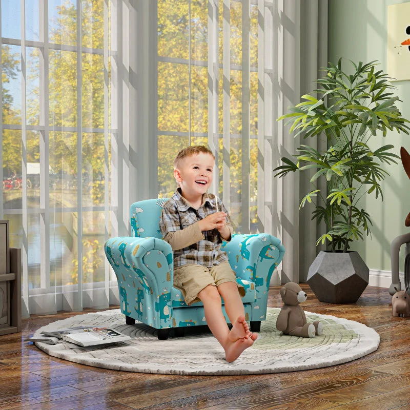 2 Piece Kids Sofa Set, Dinosaur Design Wooden Frame, Blue - Image 3
