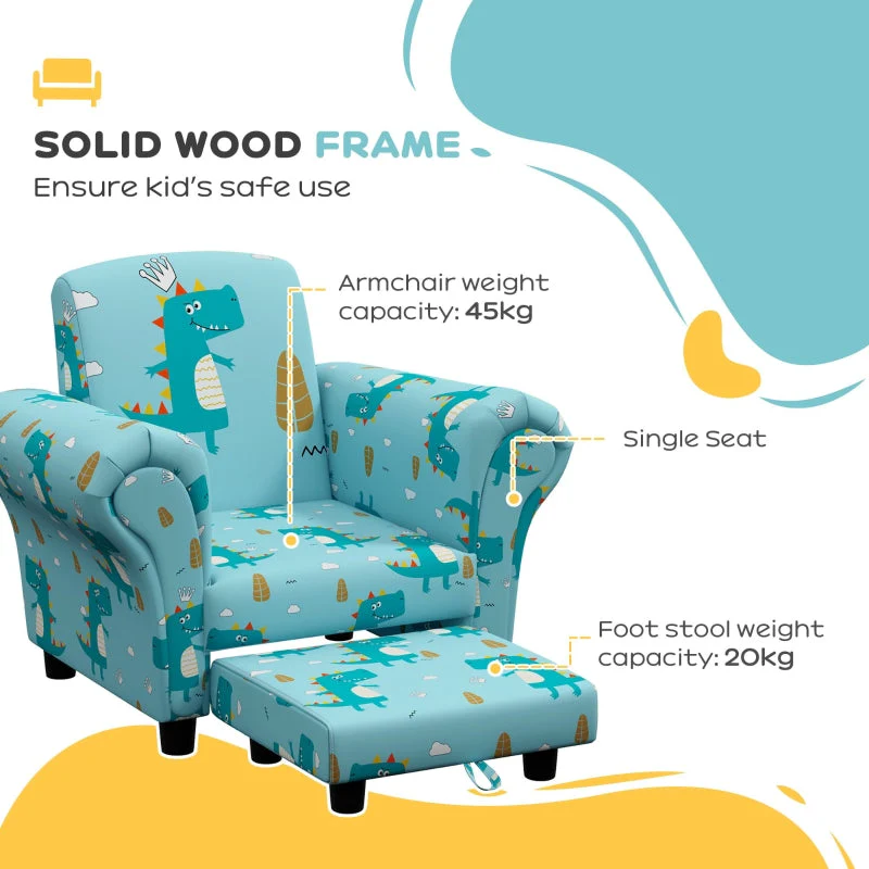 2 Piece Kids Sofa Set, Dinosaur Design Wooden Frame, Blue - Image 6