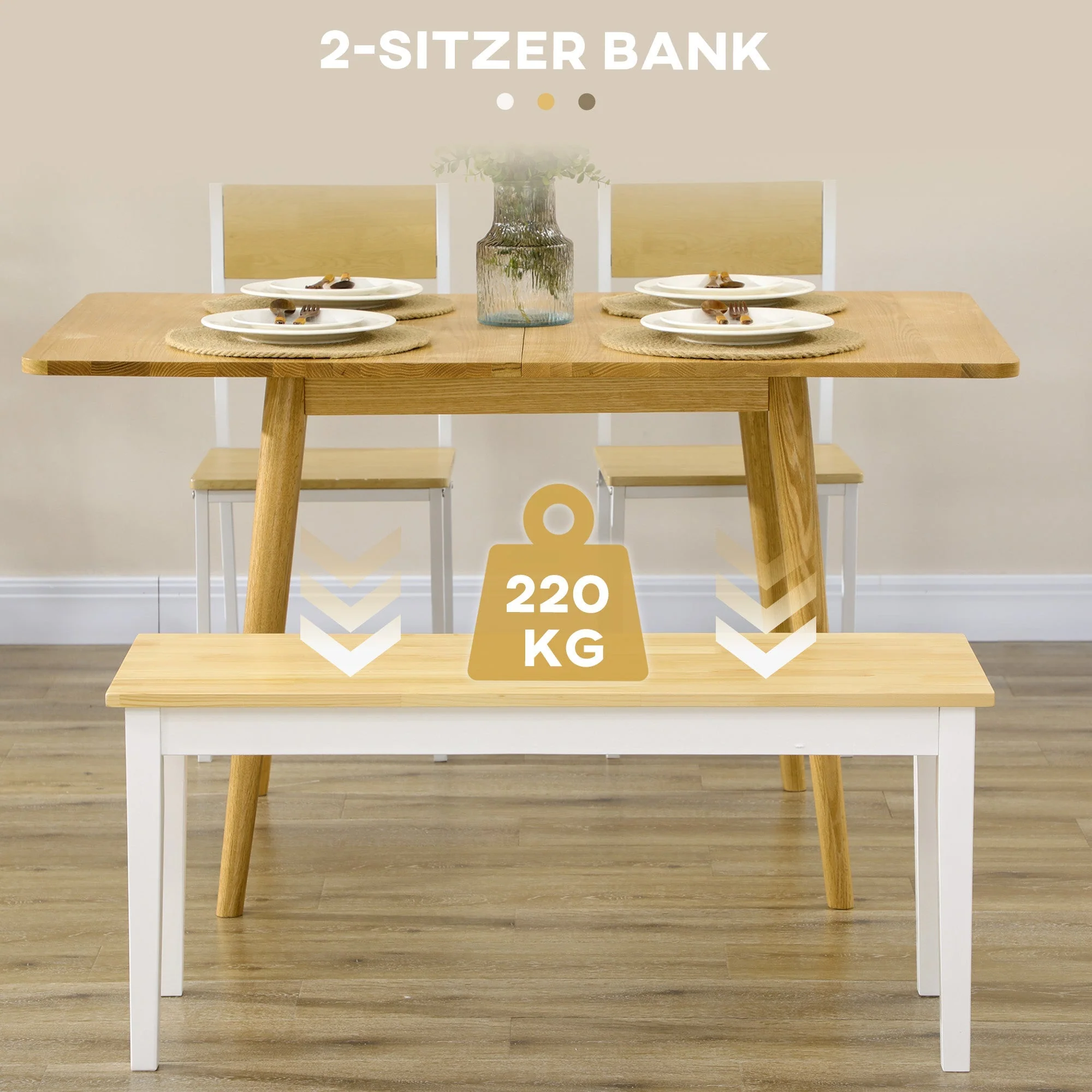 2-Seater Bench, 220kg Capacity, 102 x 36 x 45 cm, Pinewood White - Image 4