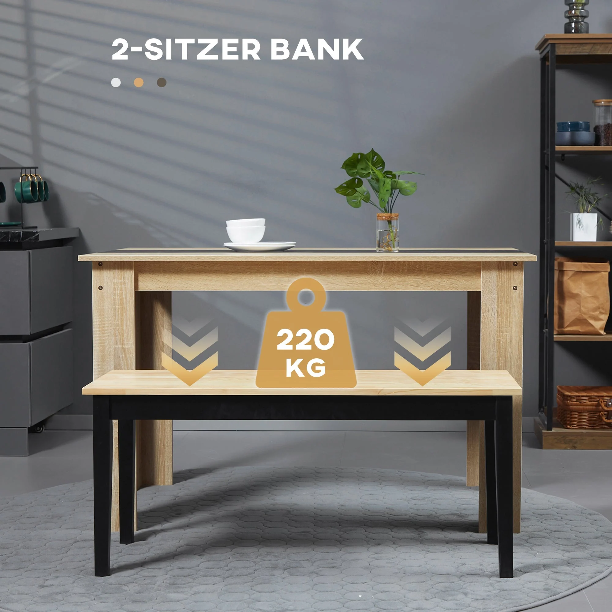 2-seater Dining Bench, Pinewood, 102 x 36 x 45 cm, Natural - Image 4