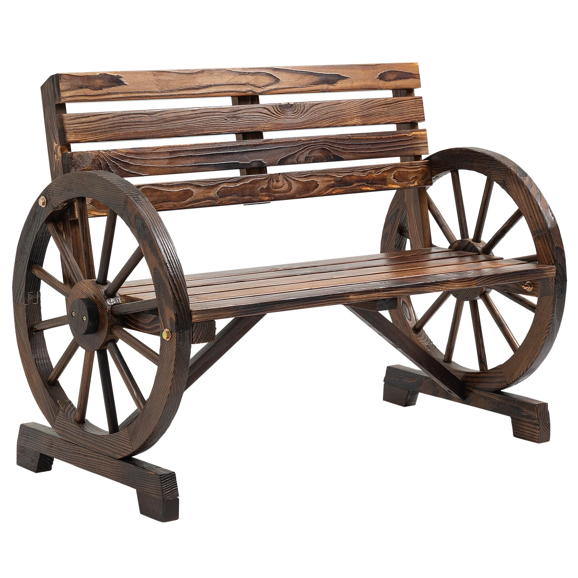 2-Seater Garden Bench Wagonwheel Armrests Fir Wood Brown - Image 2