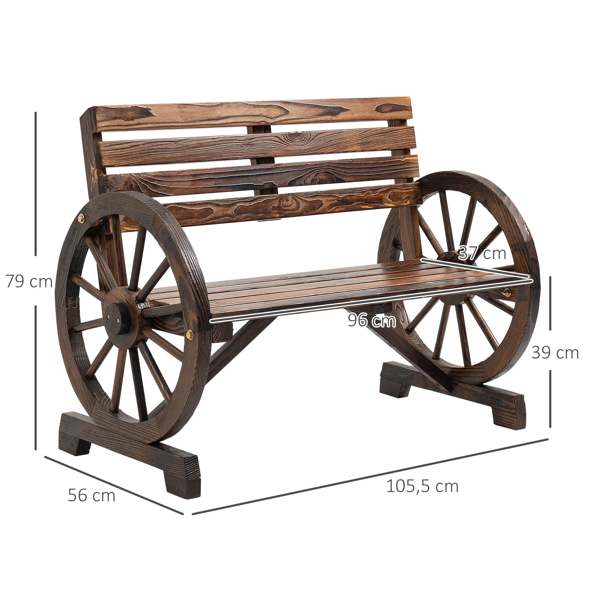 2-Seater Garden Bench Wagonwheel Armrests Fir Wood Brown - Image 3