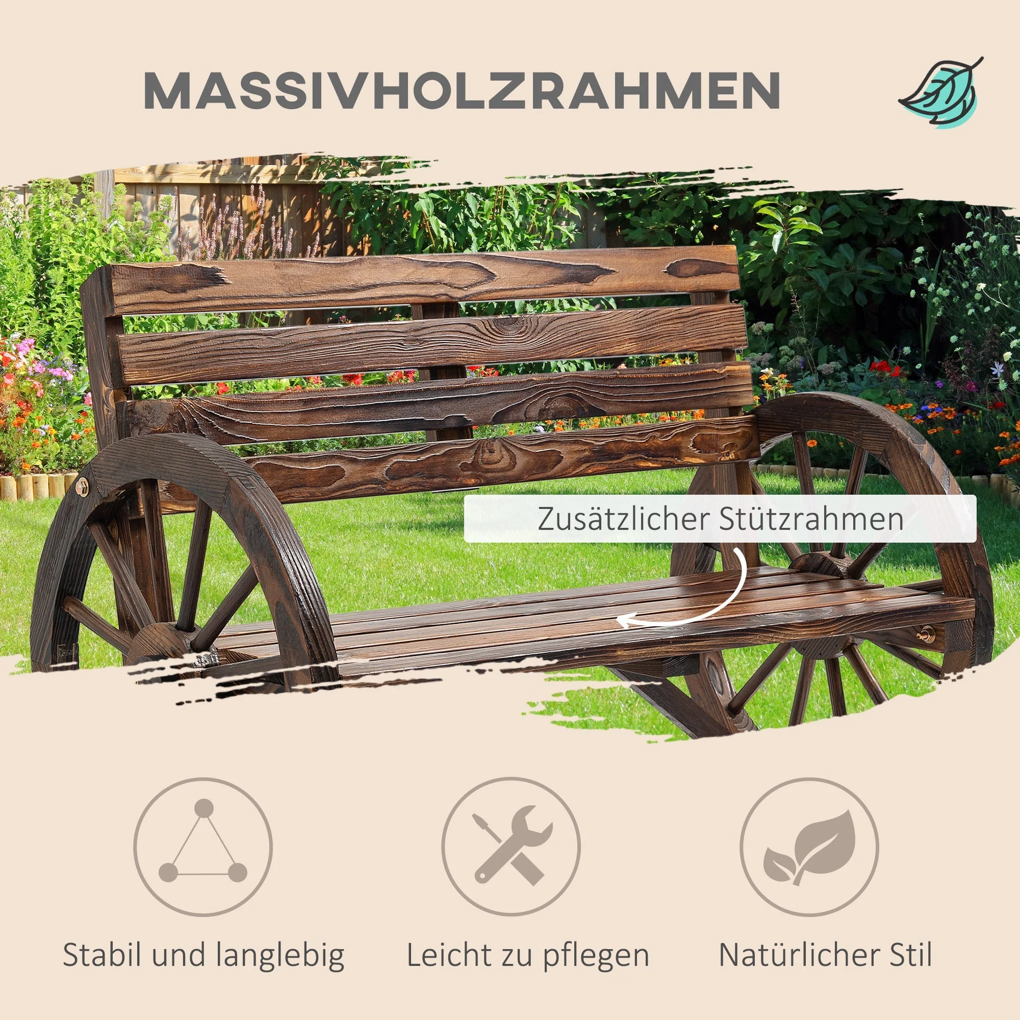 2-Seater Garden Bench Wagonwheel Armrests Fir Wood Brown - Image 4