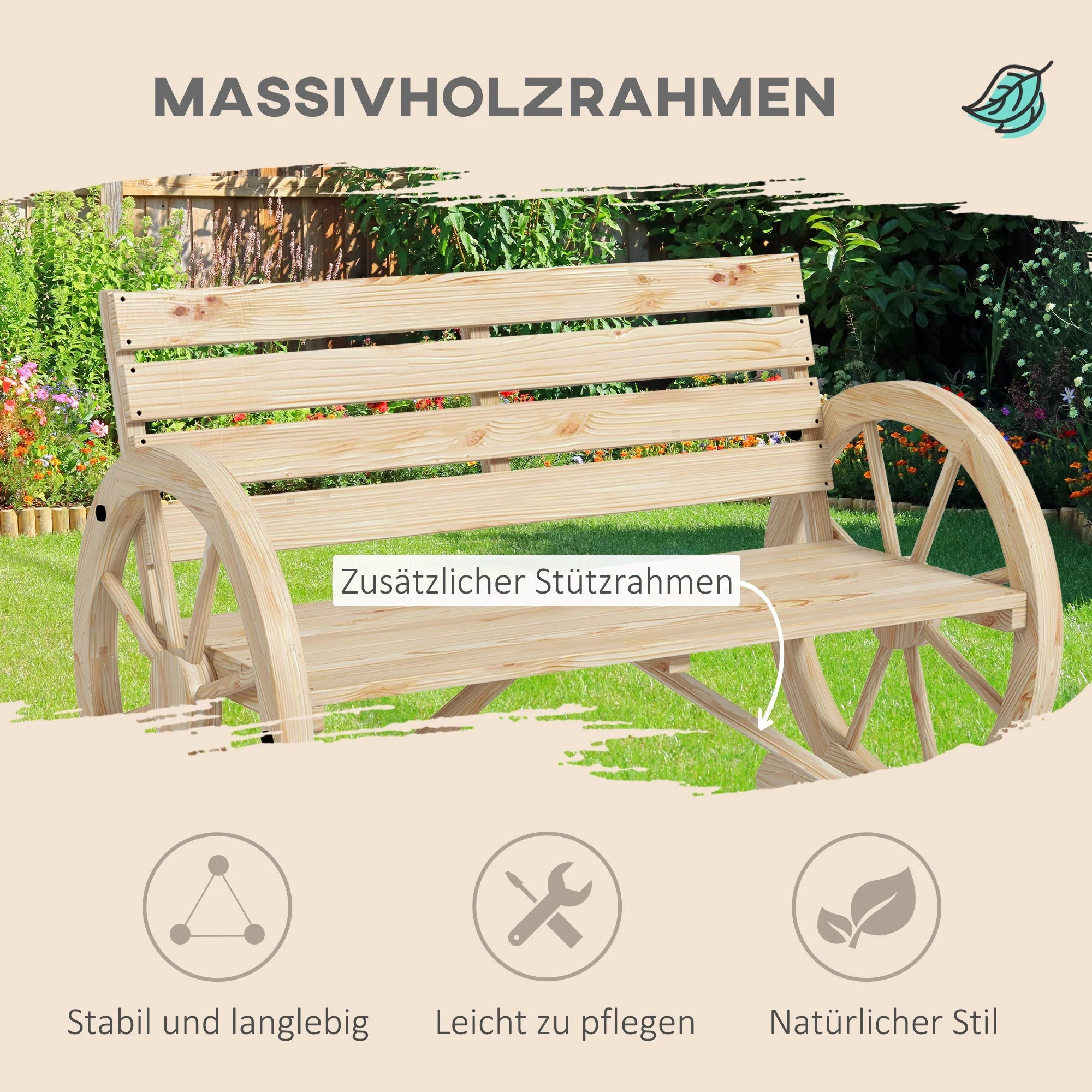 2-seater Garden Bench with Armrests, 240 kg Load Capacity, Fir Wood, Natural - Image 4
