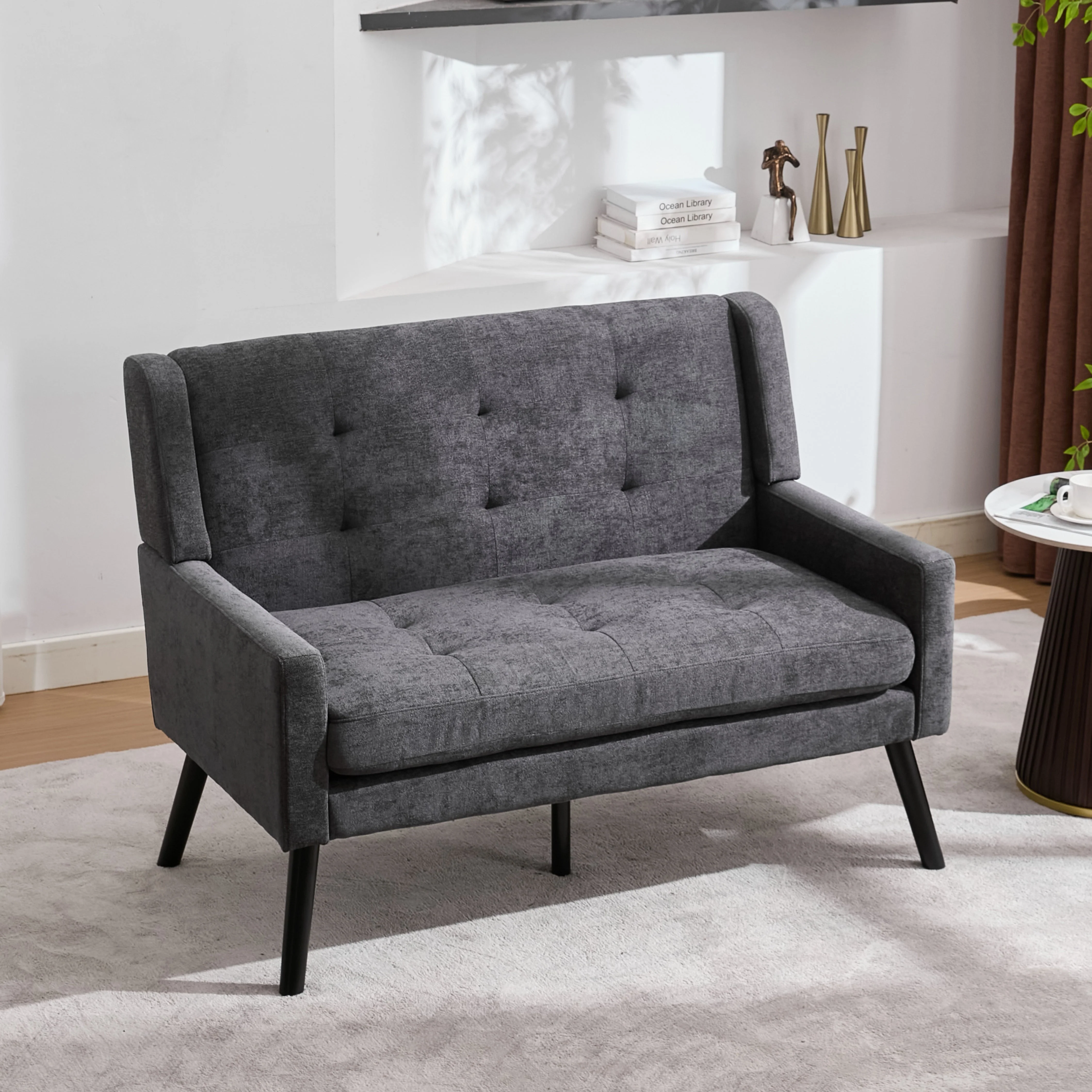 2-Seater Linen Bench with Solid Wood Legs and Button-Tufted Cushion, Natural Linen