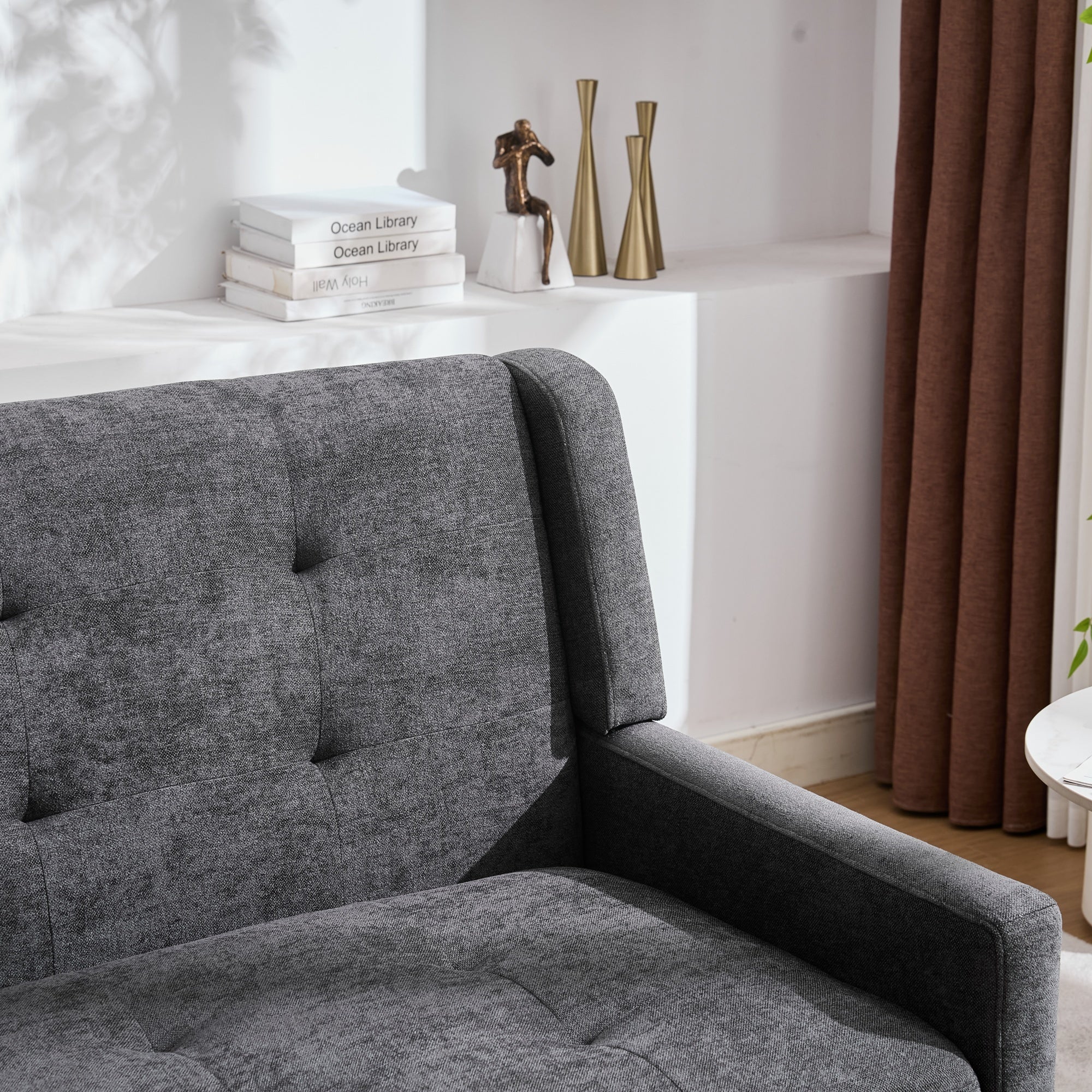 2-Seater Linen Bench with Solid Wood Legs and Button-Tufted Cushion, Natural Linen - Image 6