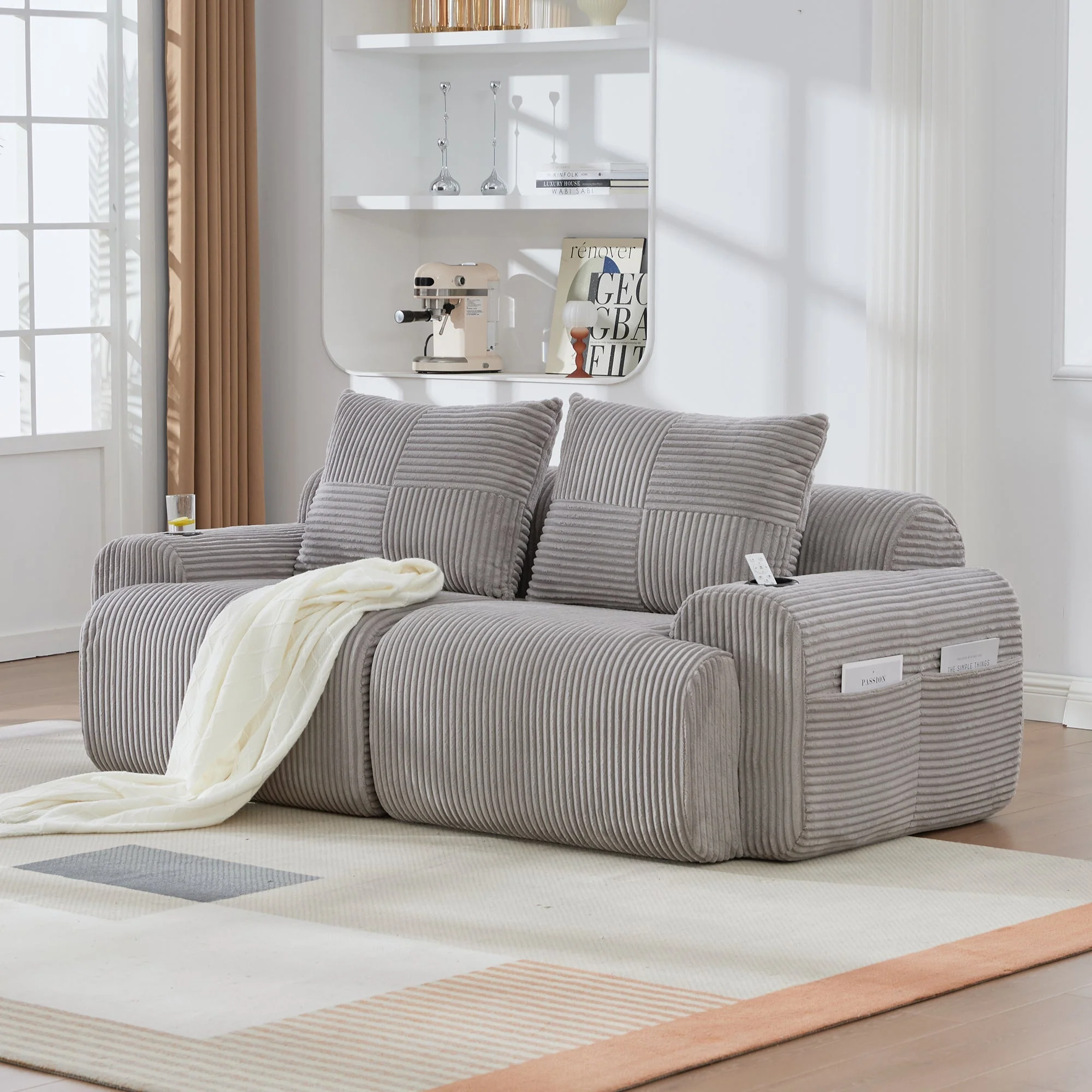 2-Seater Modular Sofa with Cup Holder and Side Pocket, Light Grey Corduroy - Image 8