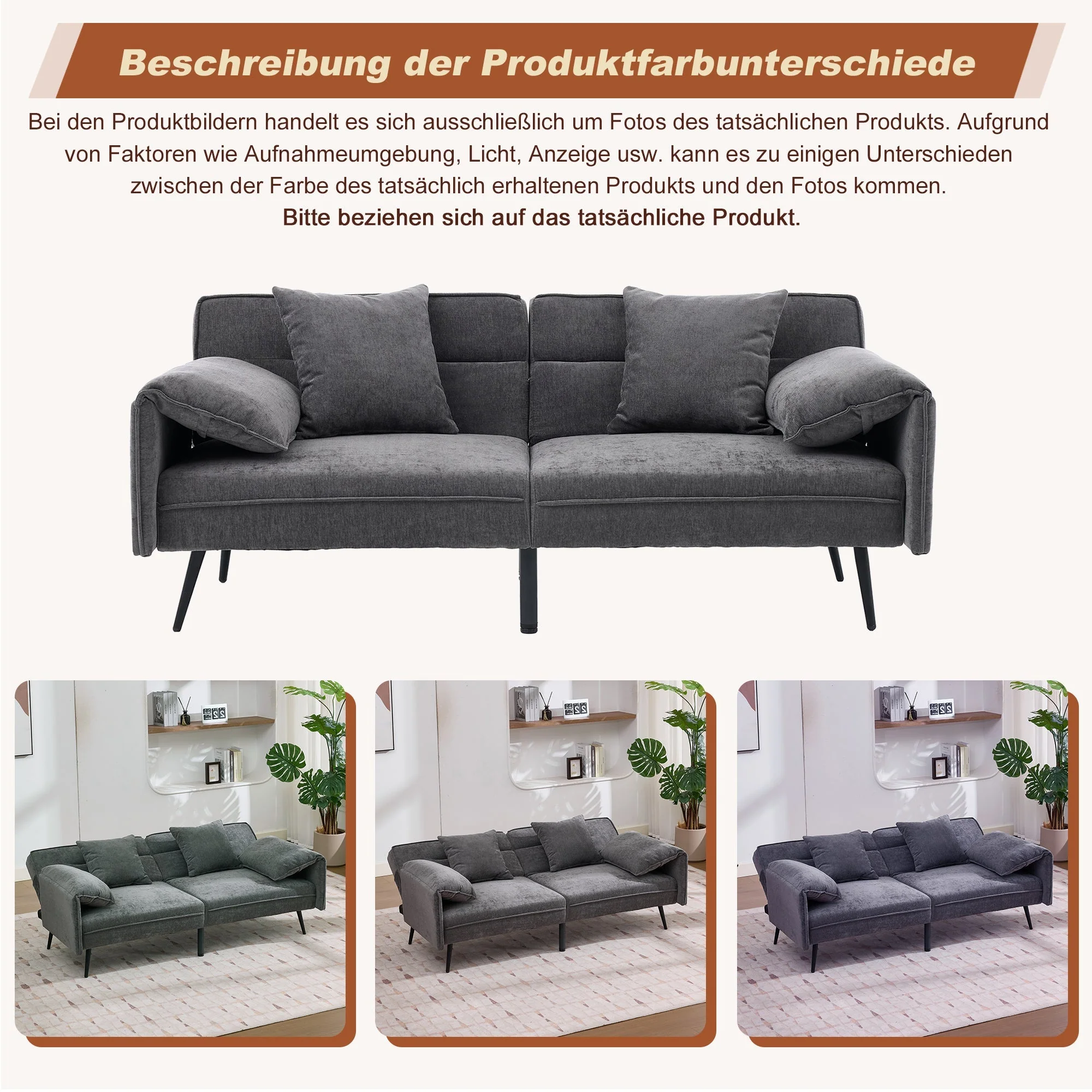 2-Seater Sleeper Sofa with 3-Position Adjustable Backrest and Soft Cushions, Grey - Image 10