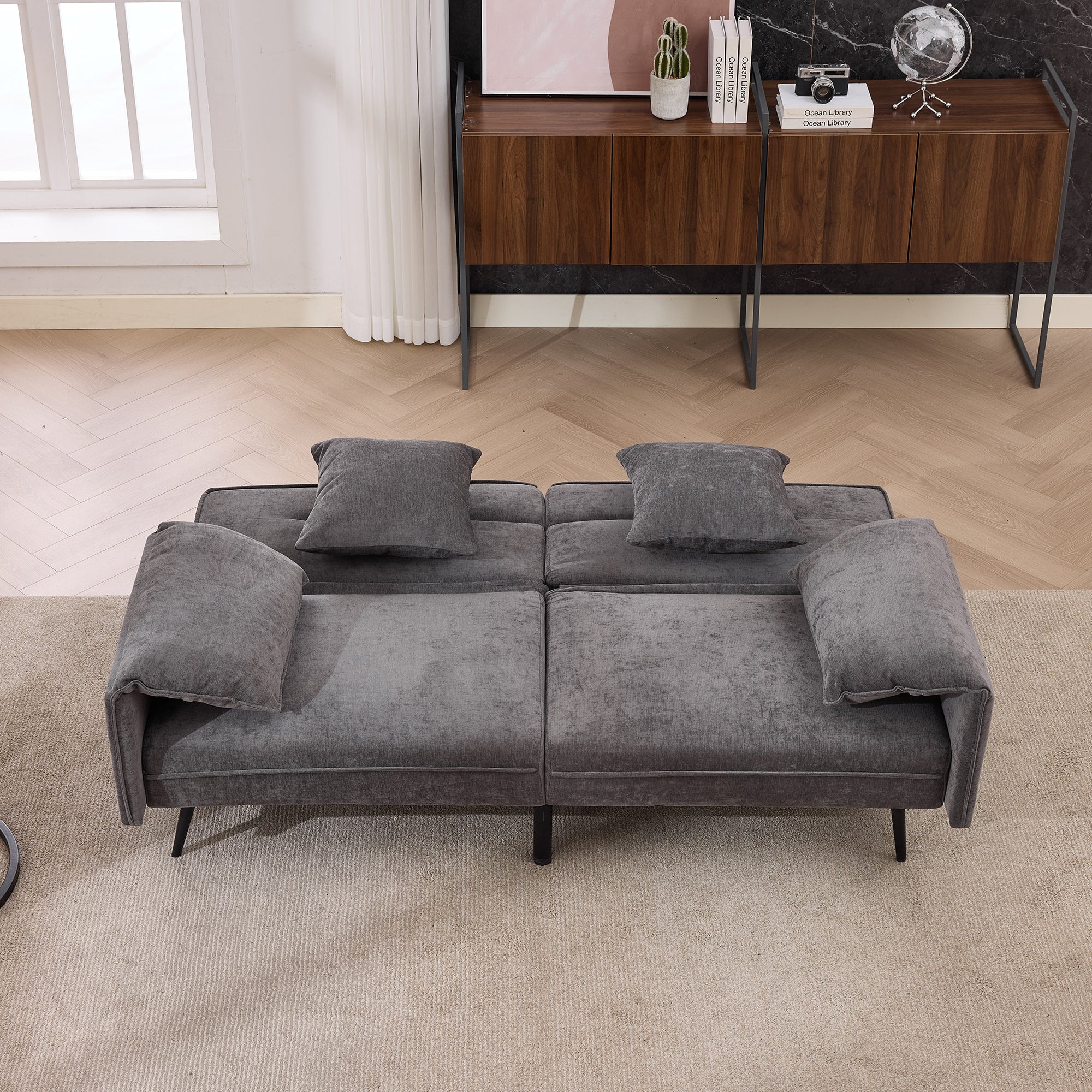 2-Seater Sleeper Sofa with 3-Position Adjustable Backrest and Soft Cushions, Grey - Image 6
