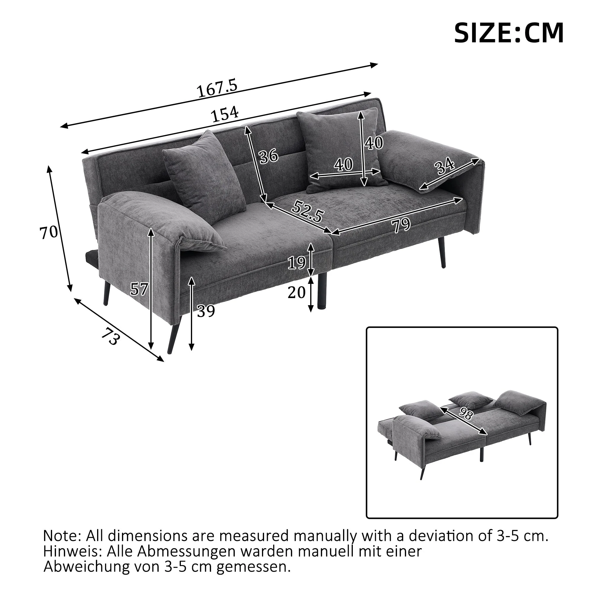 2-Seater Sleeper Sofa with 3-Position Adjustable Backrest and Soft Cushions, Grey - Image 7