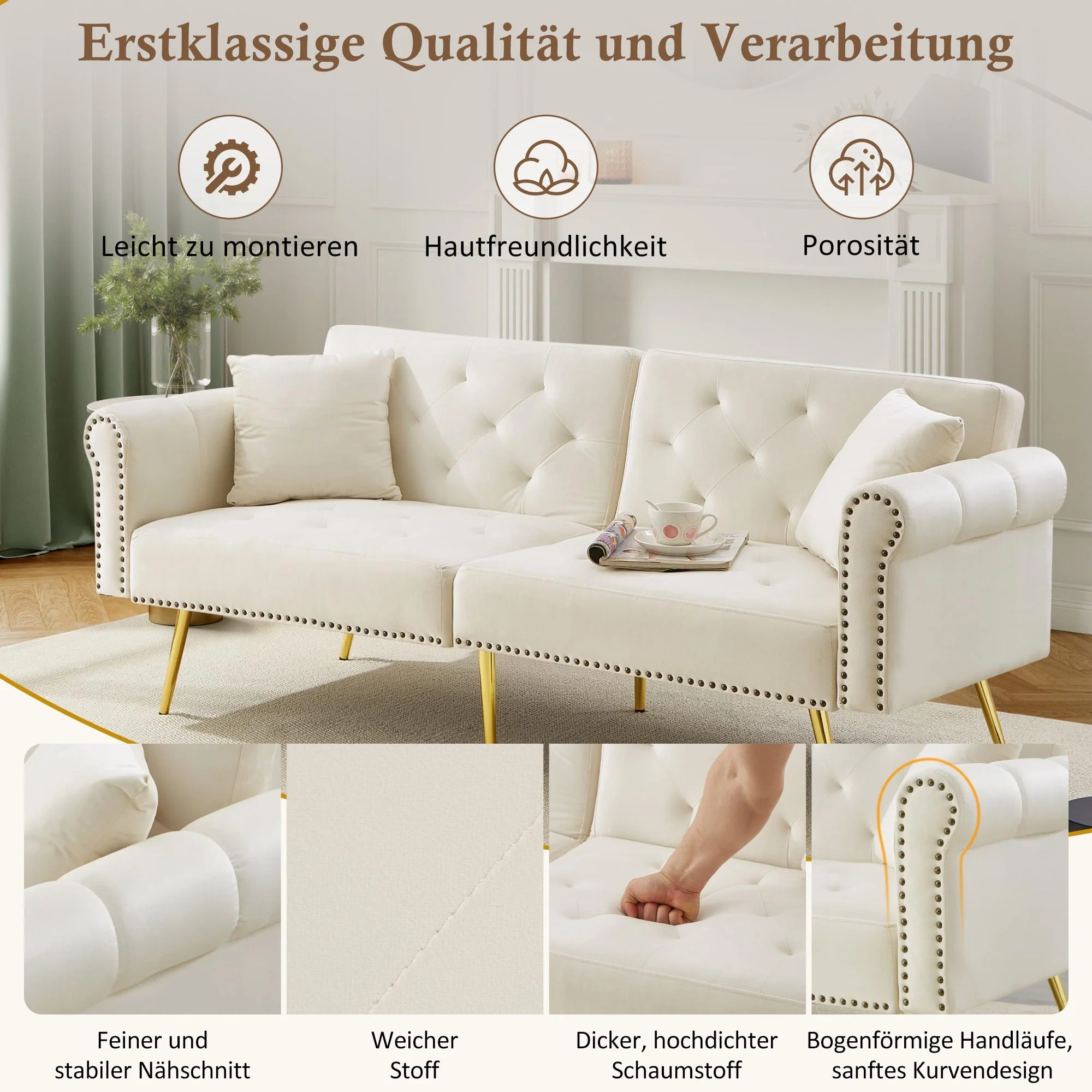 2-Seater Sofa Bed 3-Position Adjustable Back Gold Legs - Velvet - Image 2