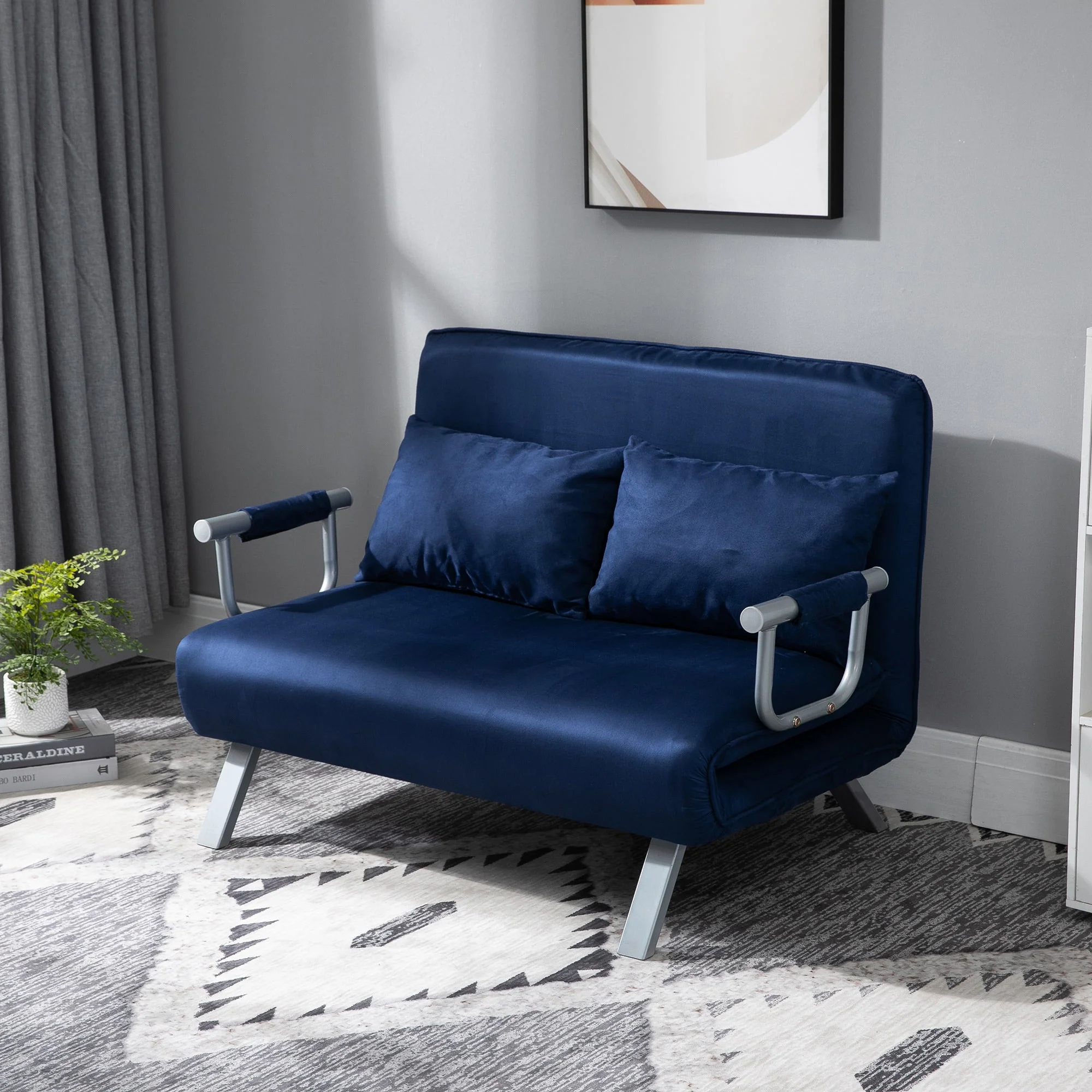 2-seater Sofa Bed, Adjustable Backrest, Velvet Blue - Image 2
