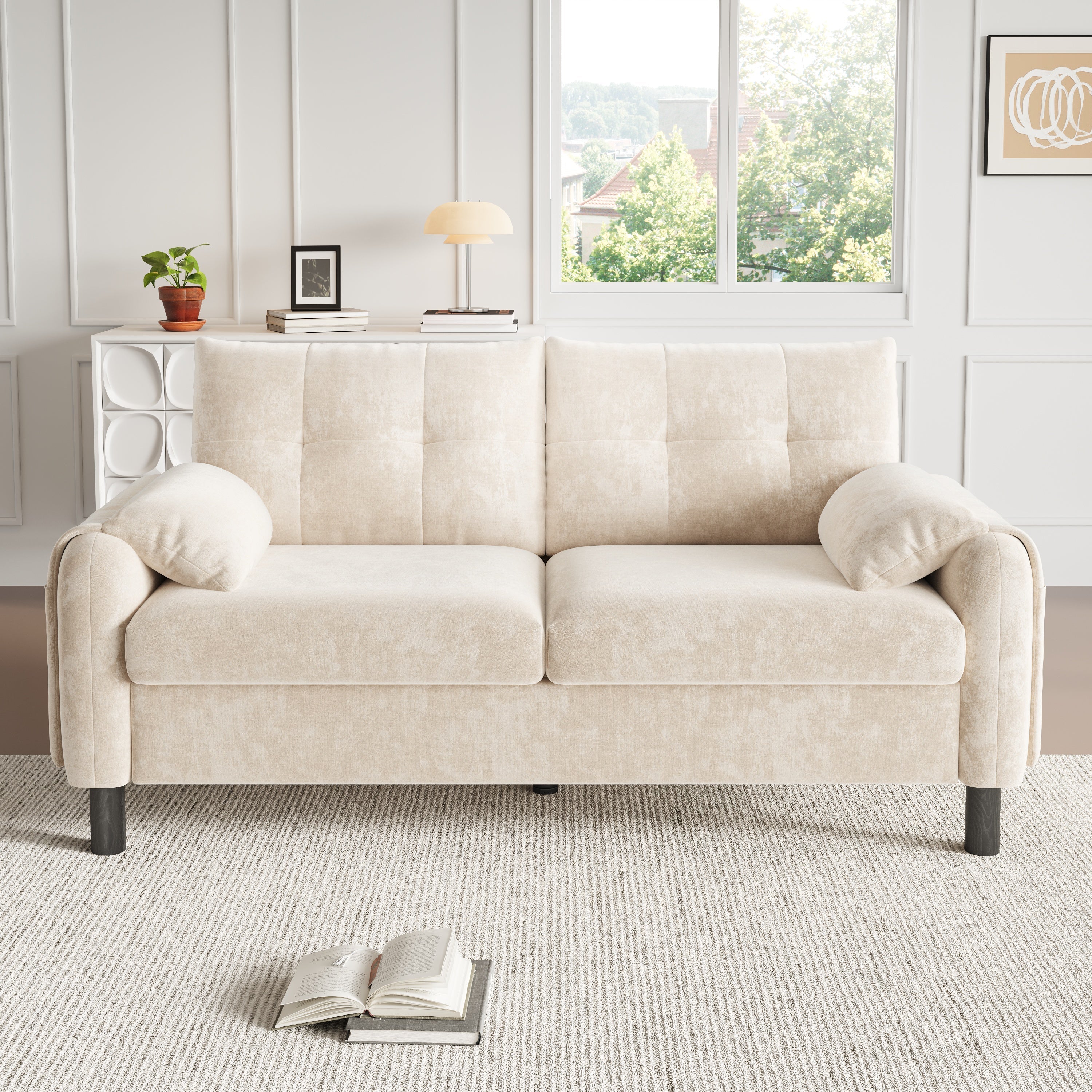 2-Seater Sofa, Comfortable Chenille Upholstered, Beige - Image 3