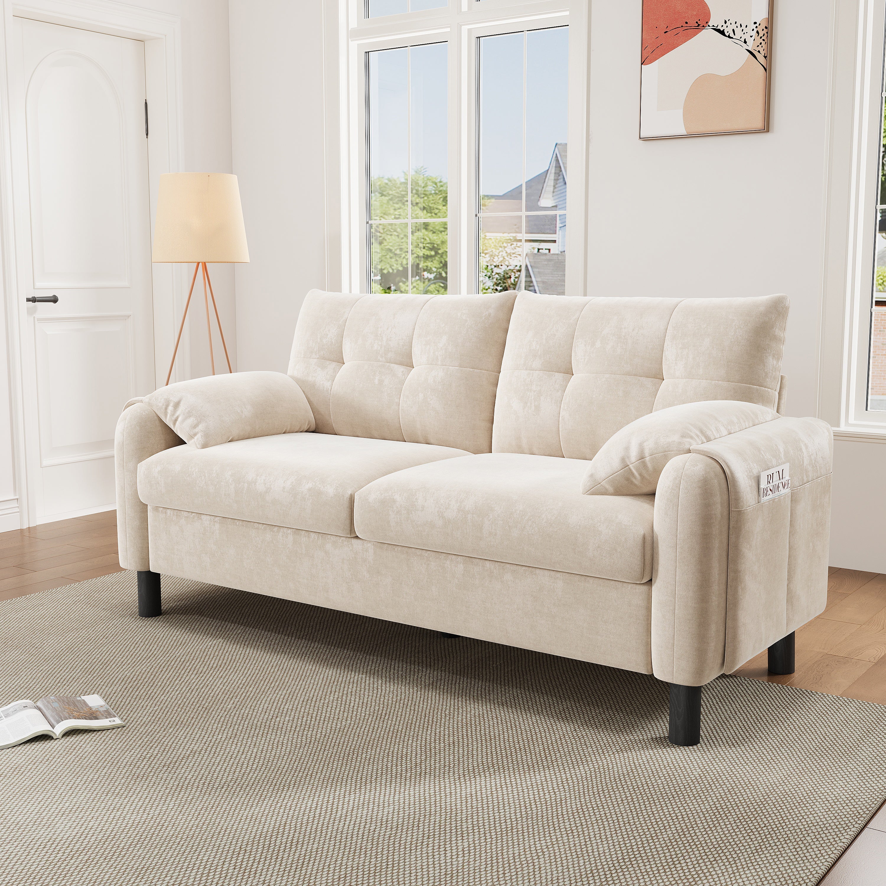 2-Seater Sofa, Comfortable Chenille Upholstered, Beige - Image 4