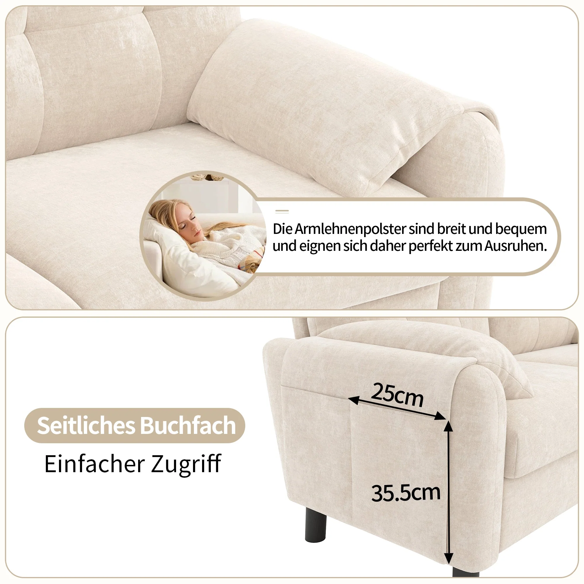 2-Seater Sofa, Comfortable Chenille Upholstered, Beige - Image 7