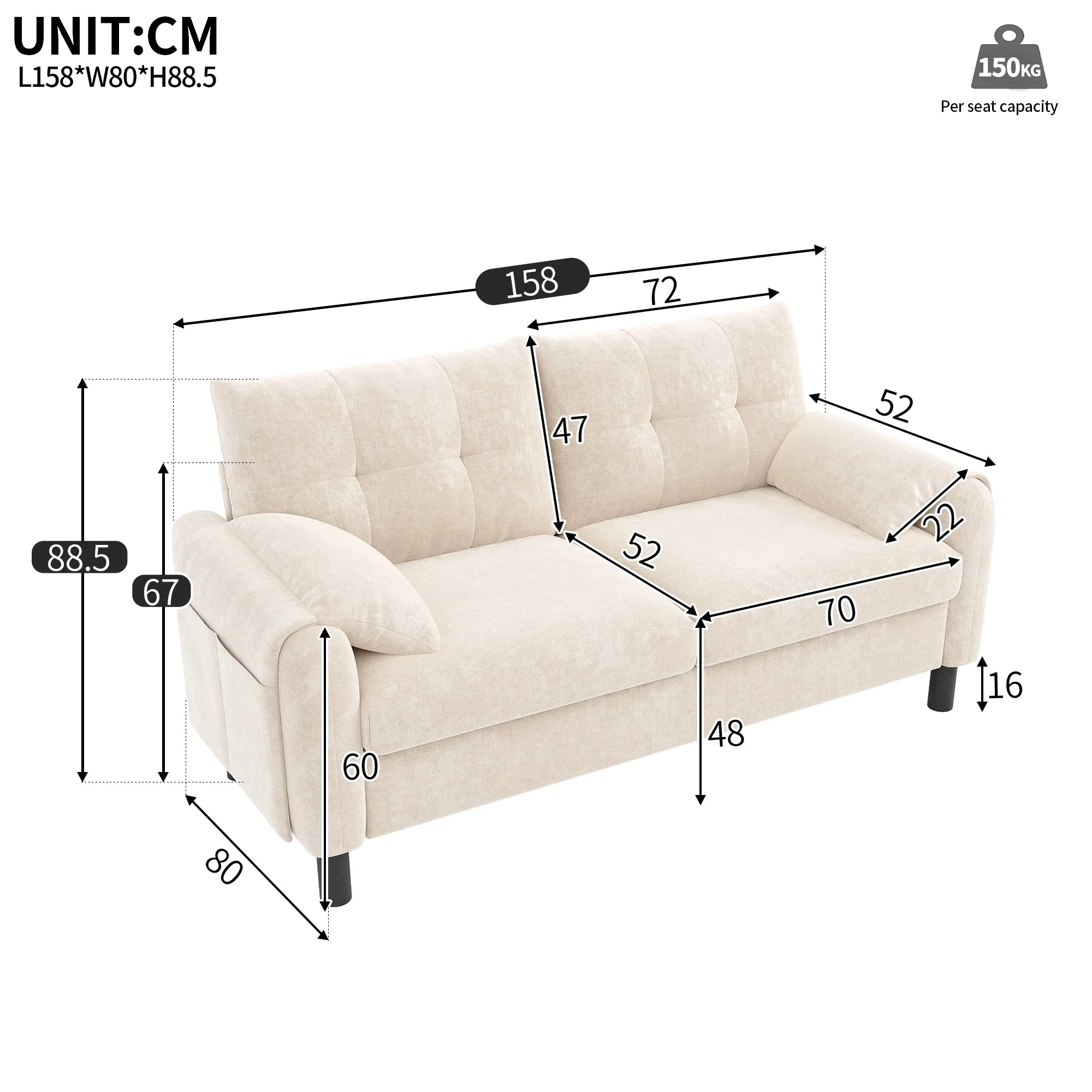 2-Seater Sofa, Comfortable Chenille Upholstered, Beige - Image 9