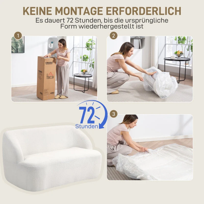 2-Seater Sofa, Curved Design Upholstered with Fleece Cover, Cream White - Image 4