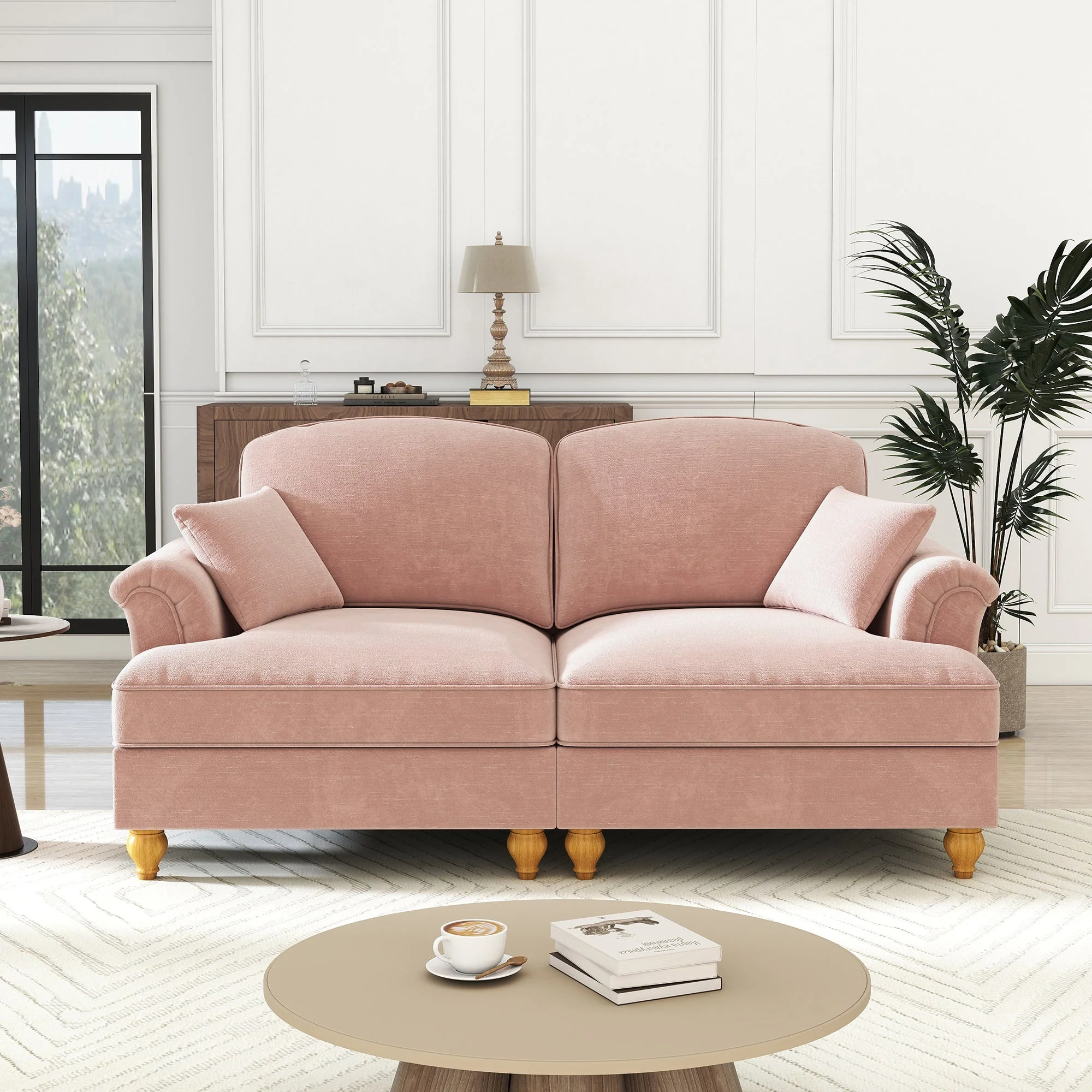 2-Seater Sofa Elegant Mid-Century Flared Armrests - Chenille Pink - Image 3