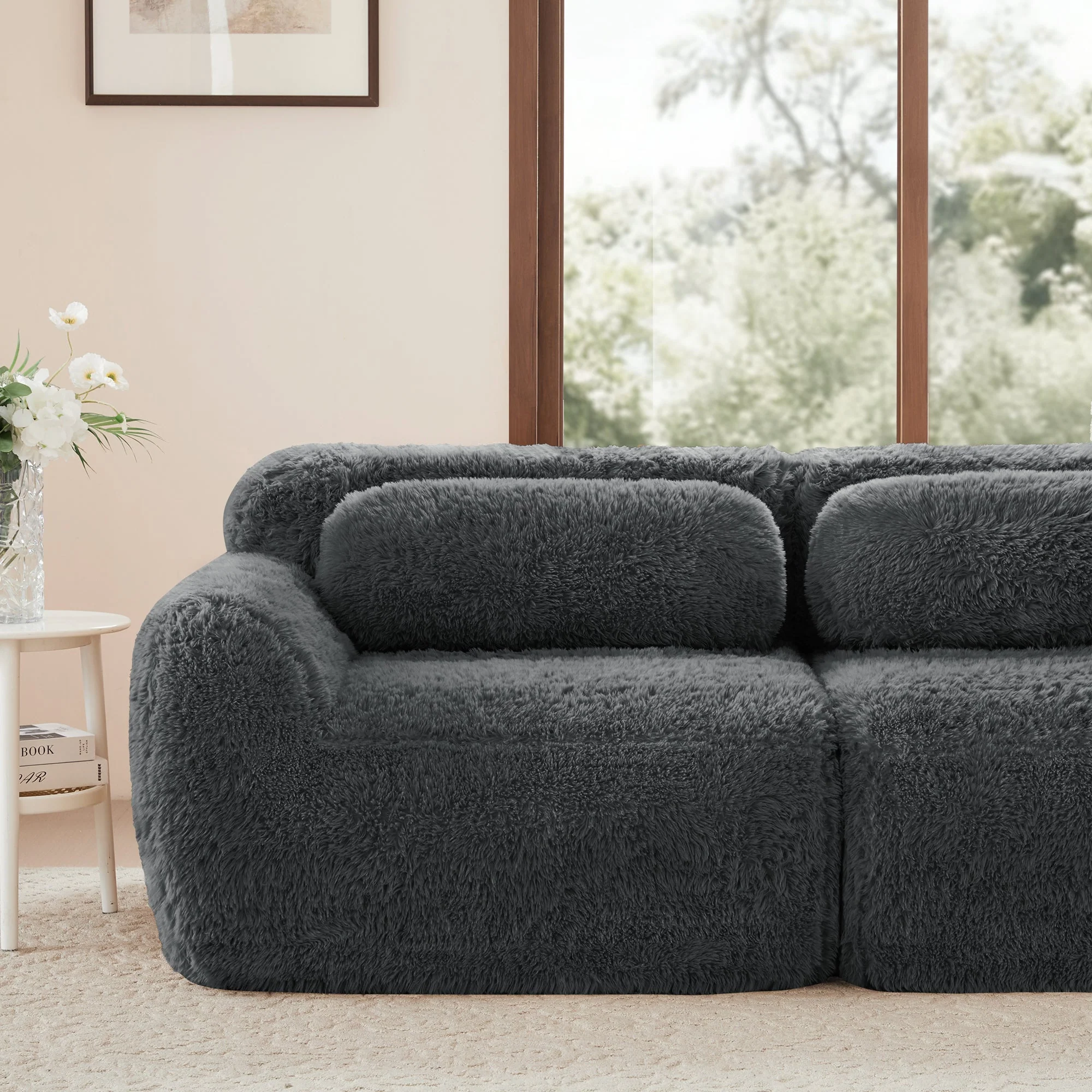 2-seater Sofa Frameless Modular Design Plush Fabric Grey - Image 9