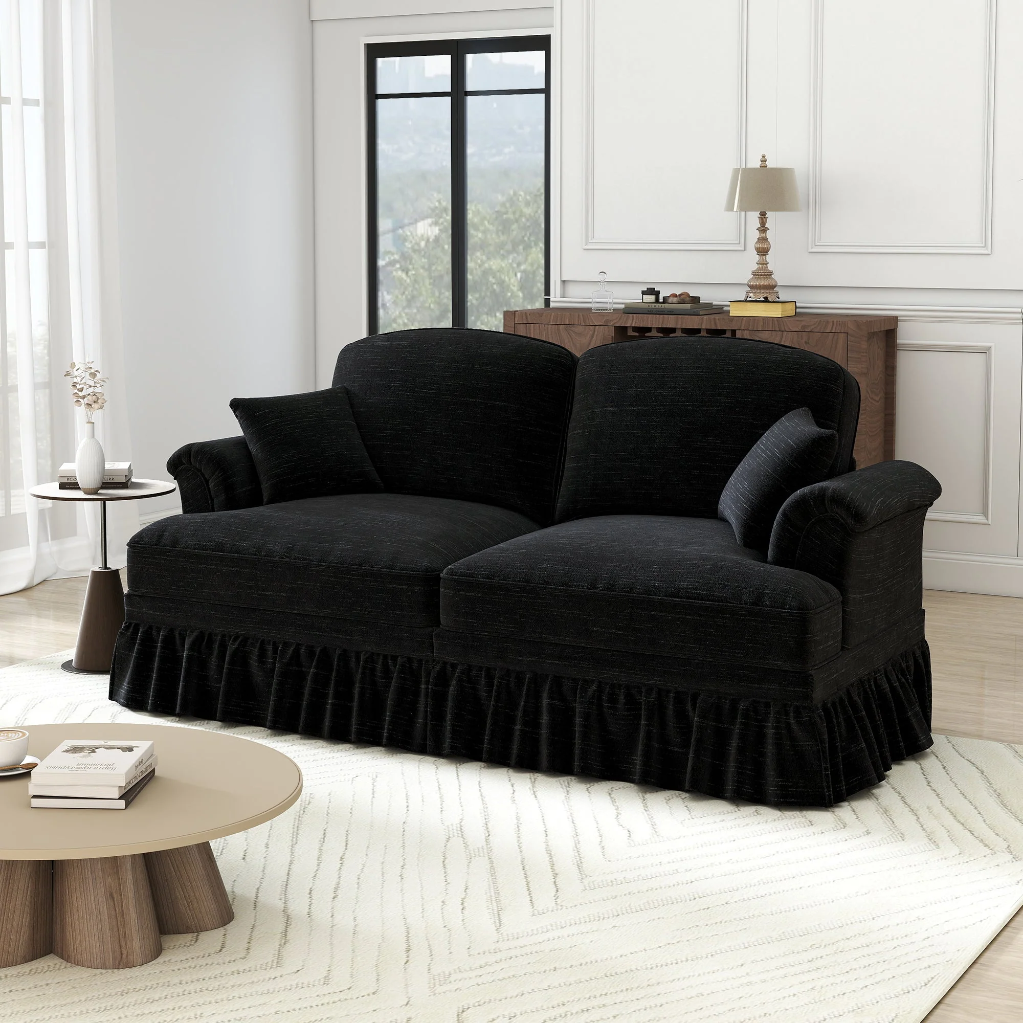 2-Seater Sofa Mid-Century Modern Flared Arms Chenille - Black - Image 2