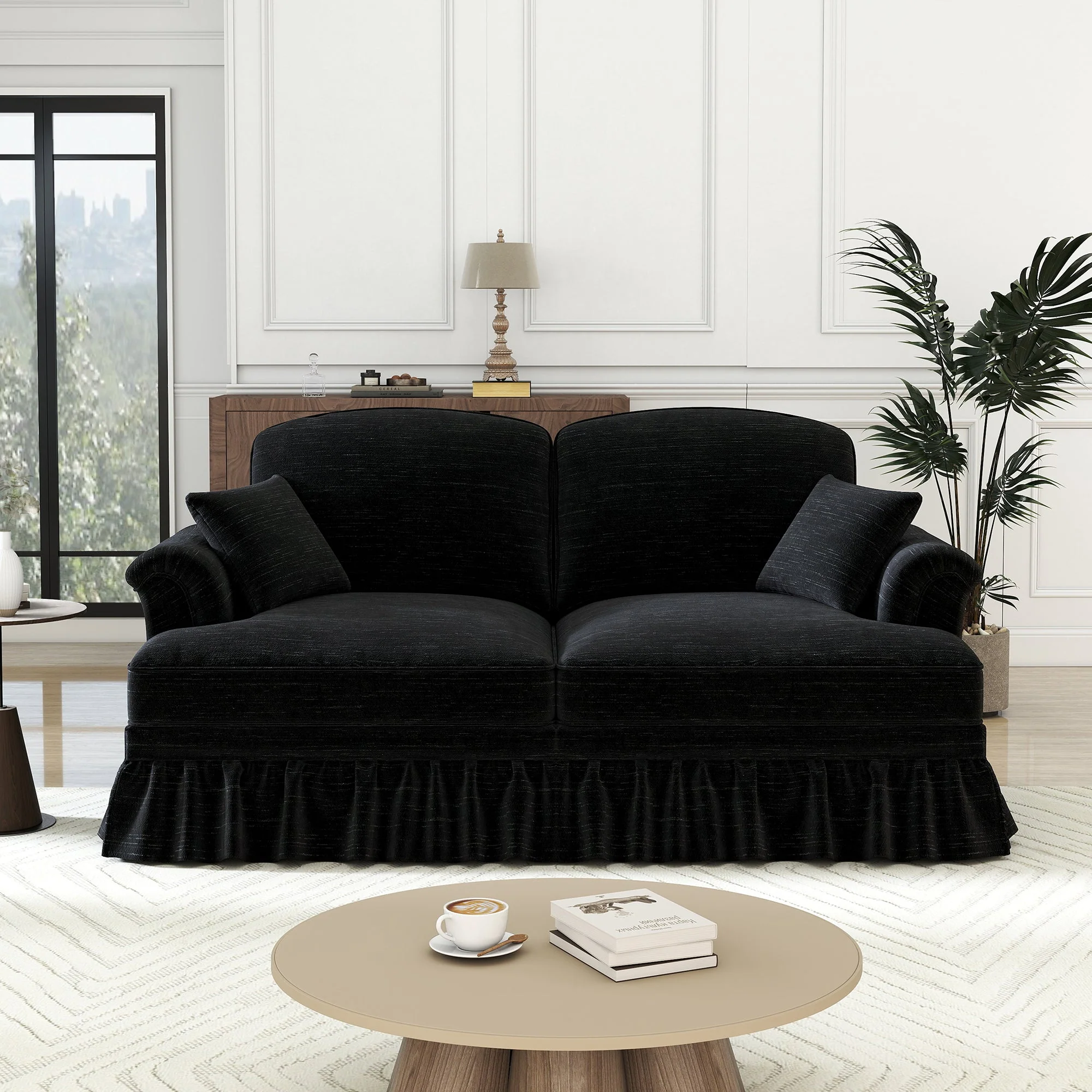 2-Seater Sofa Mid-Century Modern Flared Arms Chenille - Black - Image 4