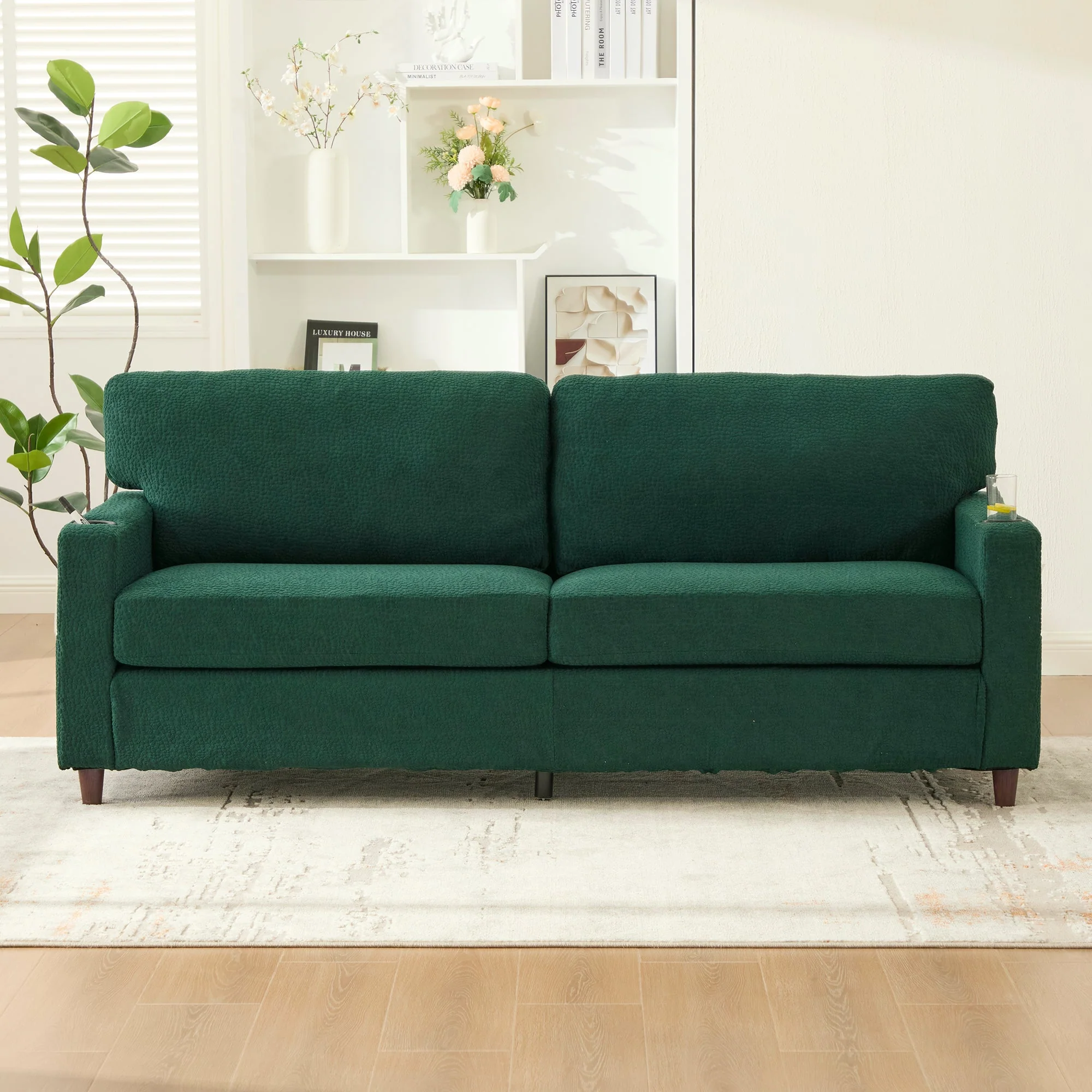 2-Seater Sofa Modern USB-C LED Cup Holders Side Pockets - Emerald Chenille - Image 10
