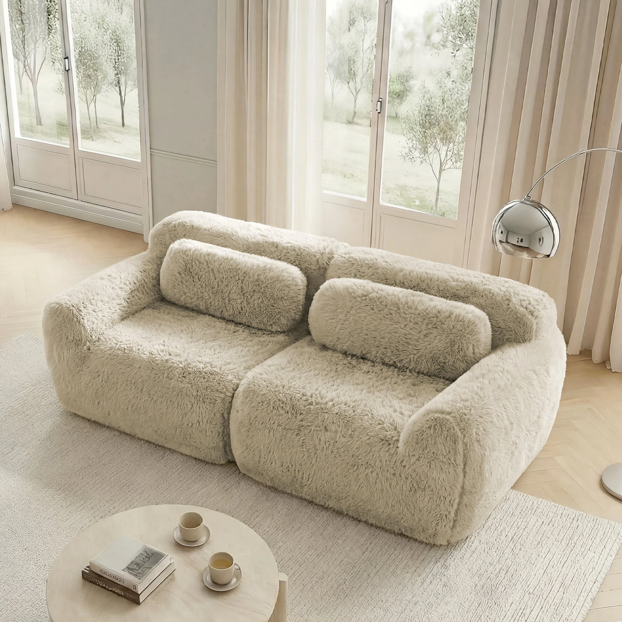 2-Seater Sofa Modular Frameless Plush Fabric - Light Khaki - Image 2