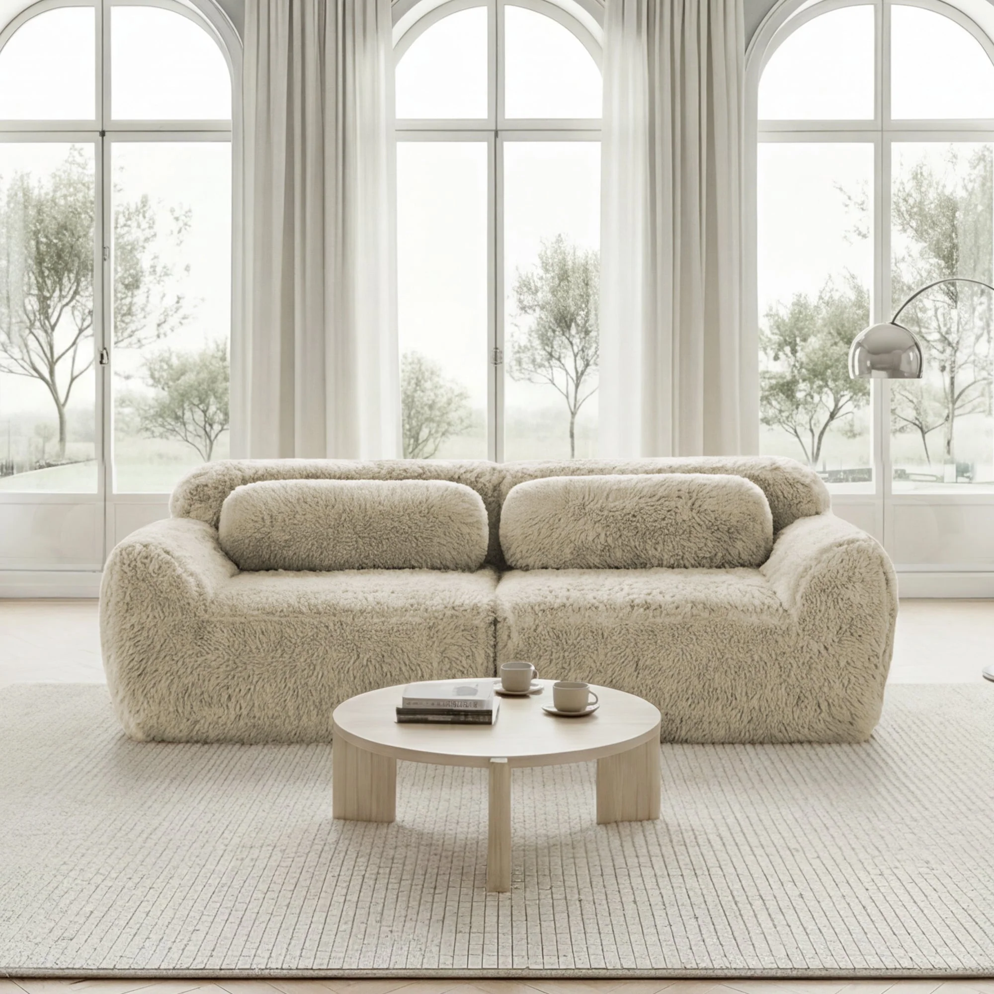 2-Seater Sofa Modular Frameless Plush Fabric - Light Khaki - Image 3