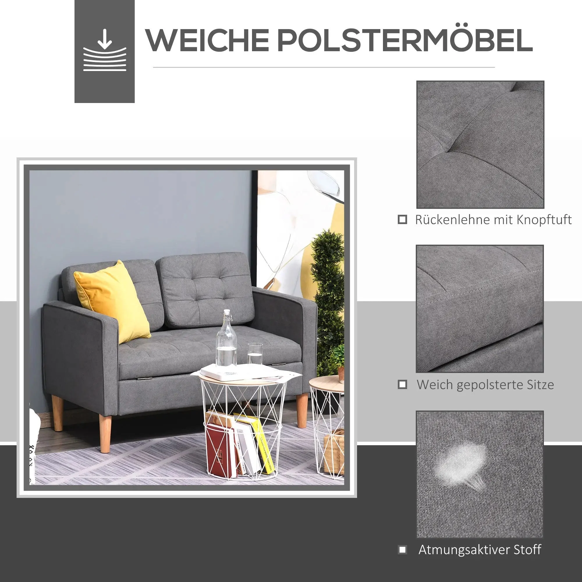2-Seater Sofa, Removable Cushions, Fabric, Grey - Image 4