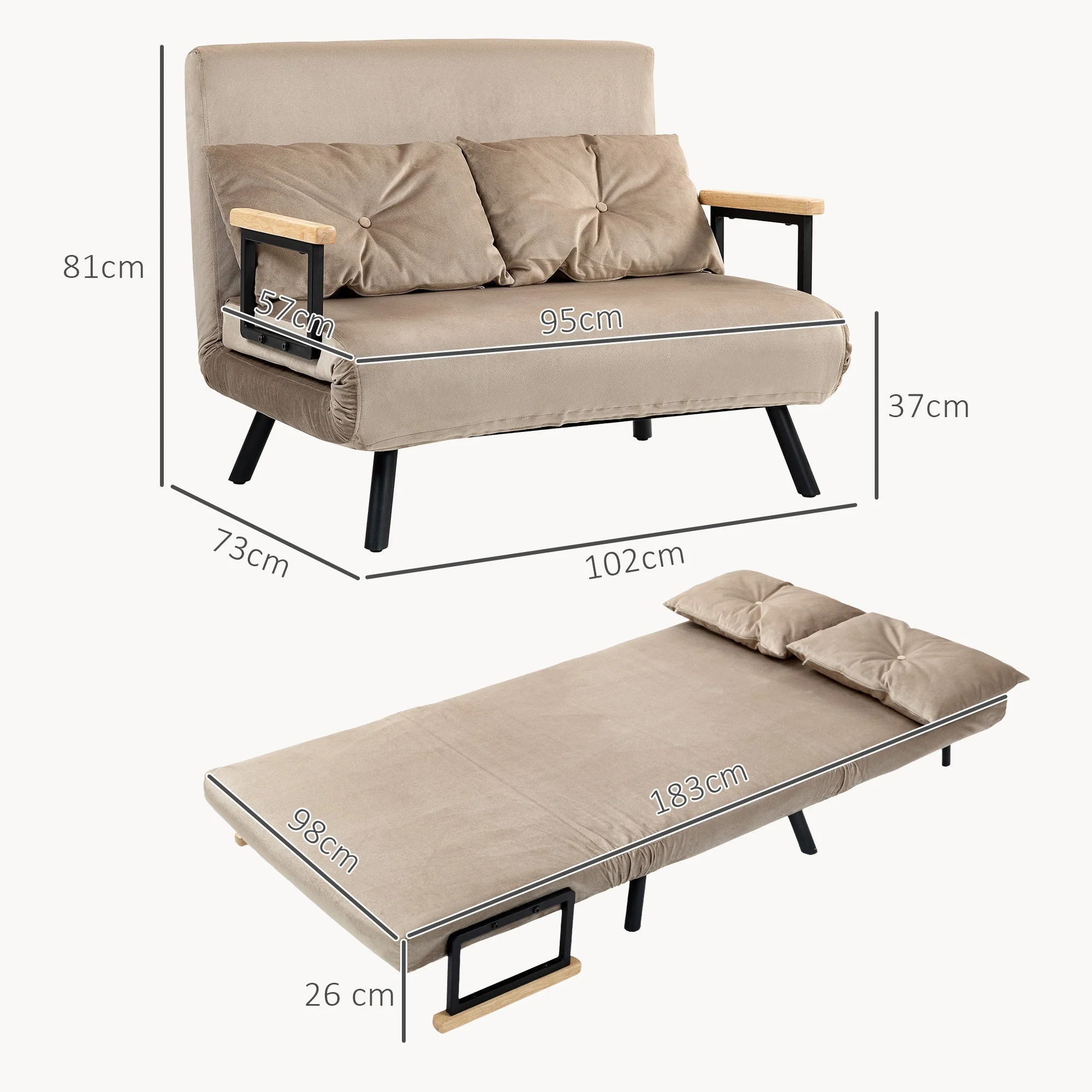 2-Seater Sofa Sleeper, Adjustable Backrest, Velvet Look Light Brown - Image 3