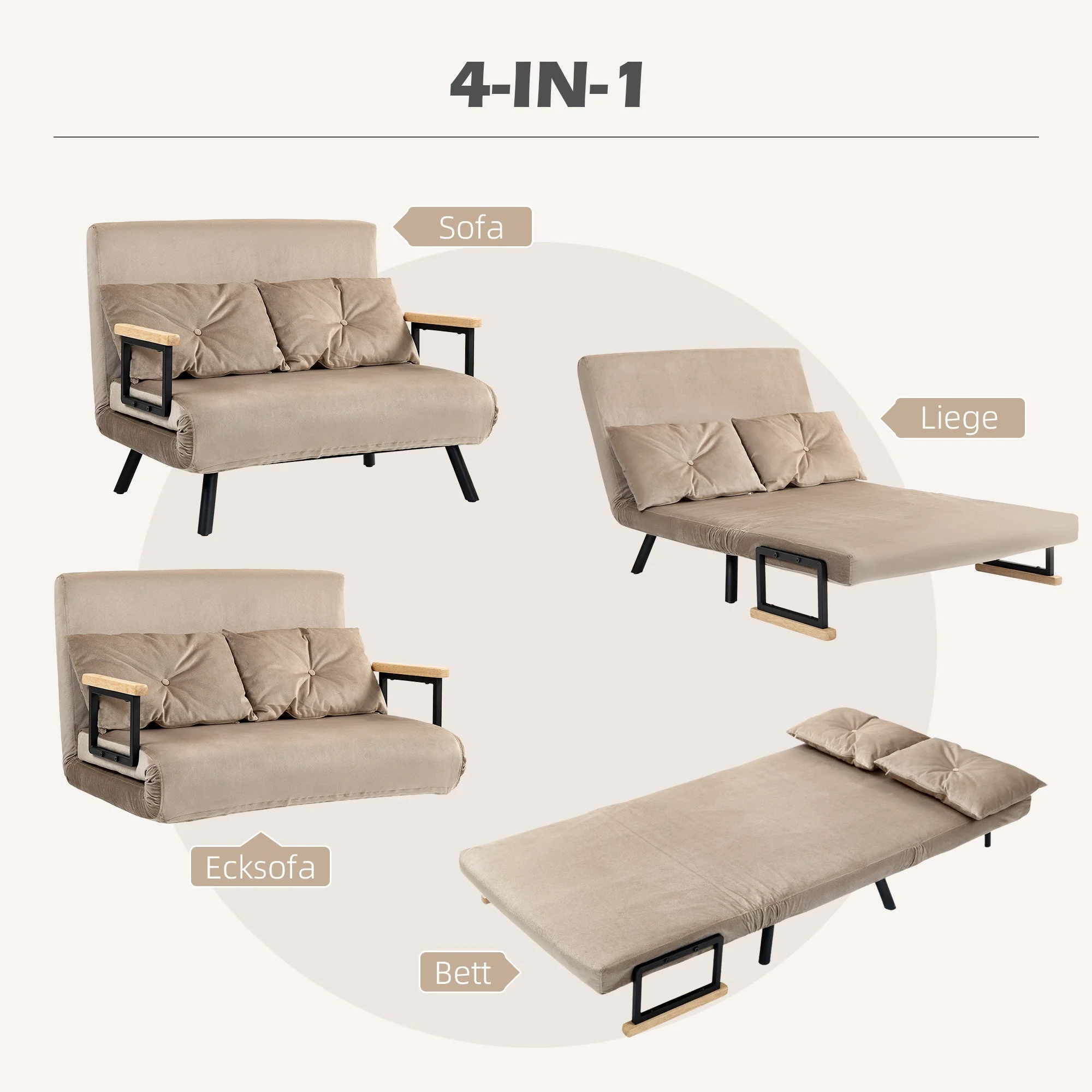 2-Seater Sofa Sleeper, Adjustable Backrest, Velvet Look Light Brown - Image 4