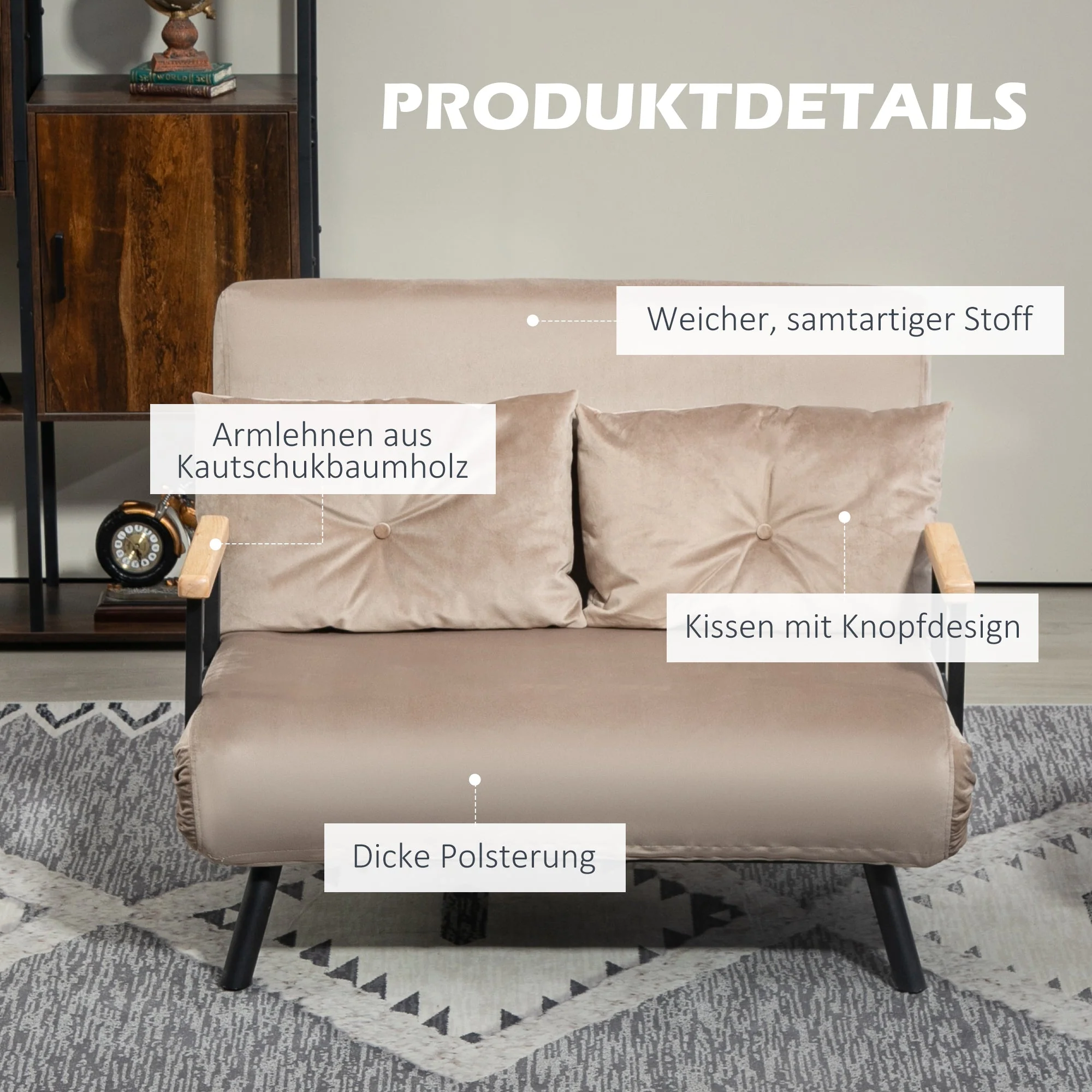 2-Seater Sofa Sleeper, Adjustable Backrest, Velvet Look Light Brown - Image 6