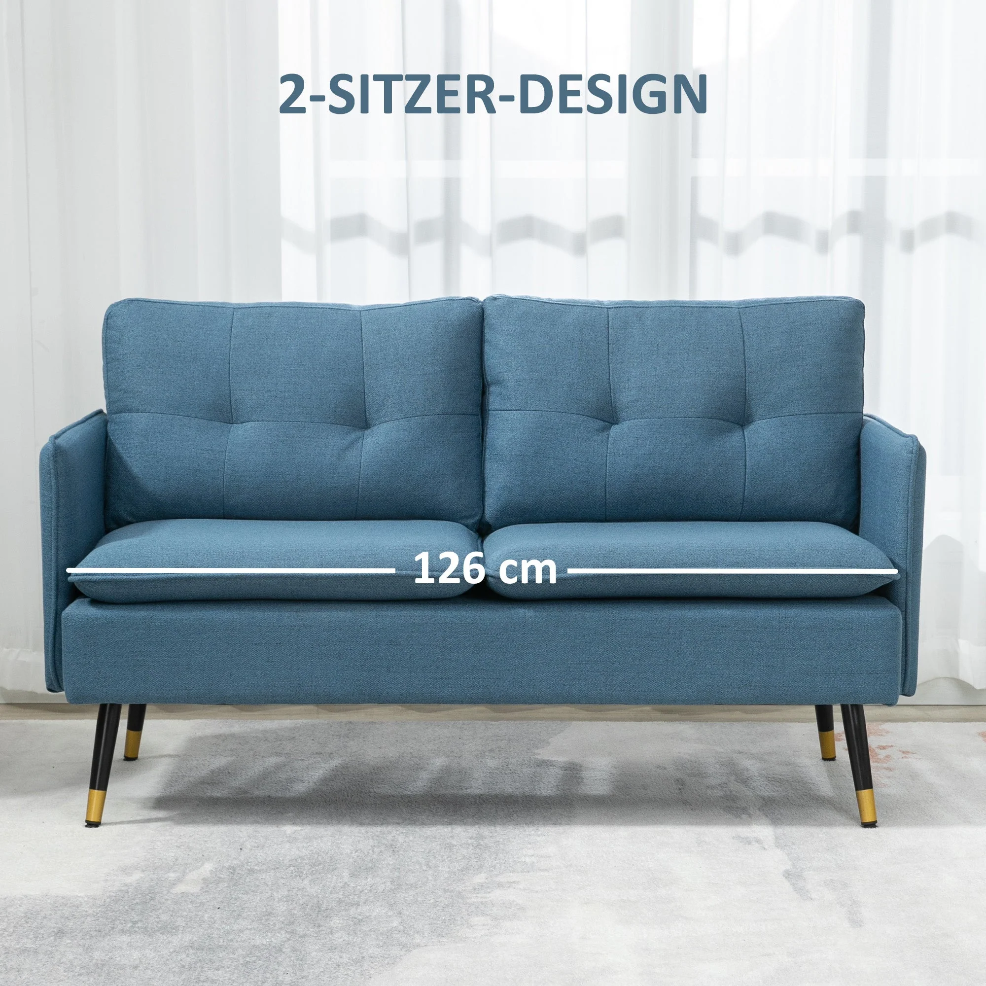 2-seater Sofa, Thick Cushion Upholstered with Steel Legs, Dark Blue - Image 6