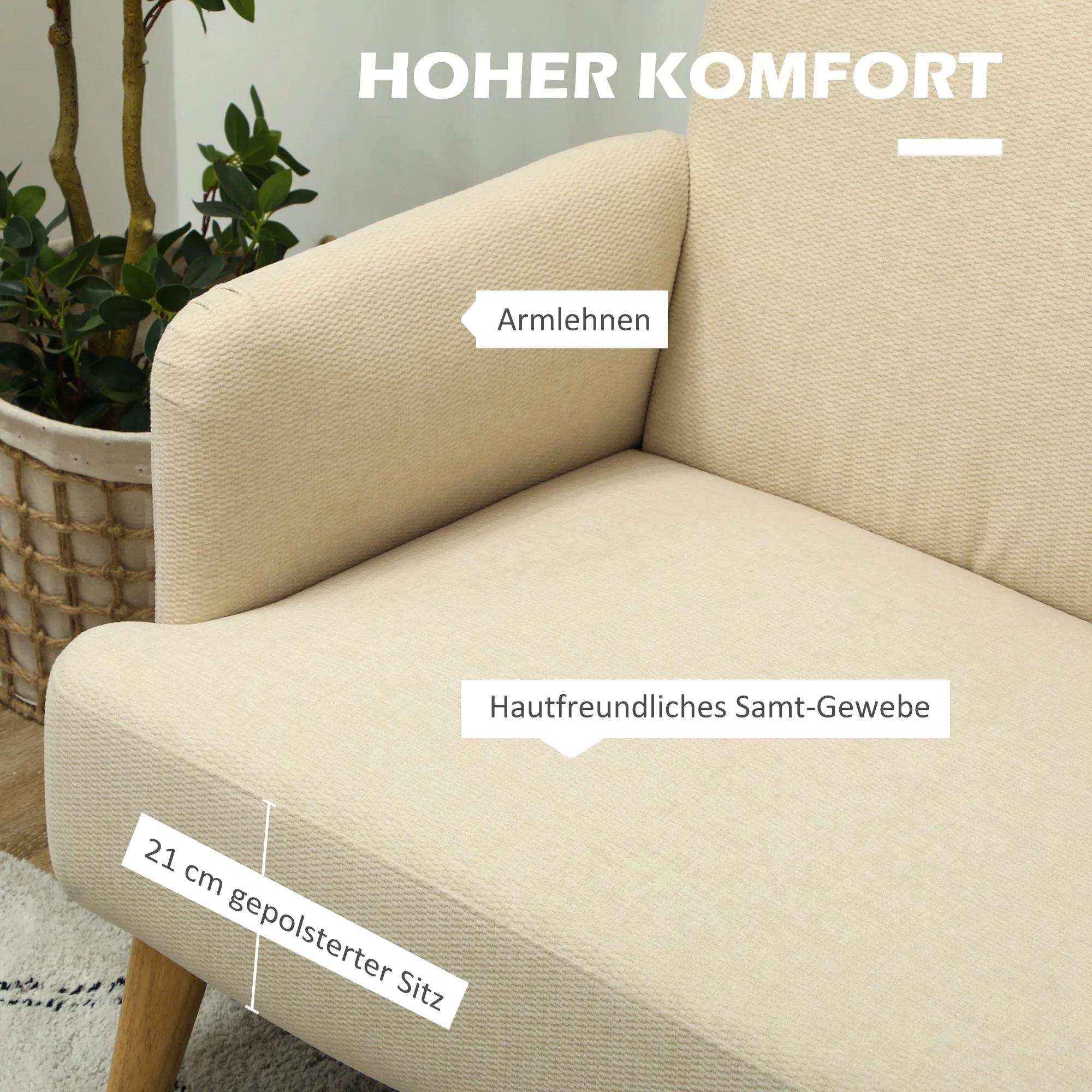 2-Seater Sofa, Upholstered Velvet Look with Wooden Legs, Cream White - Image 4