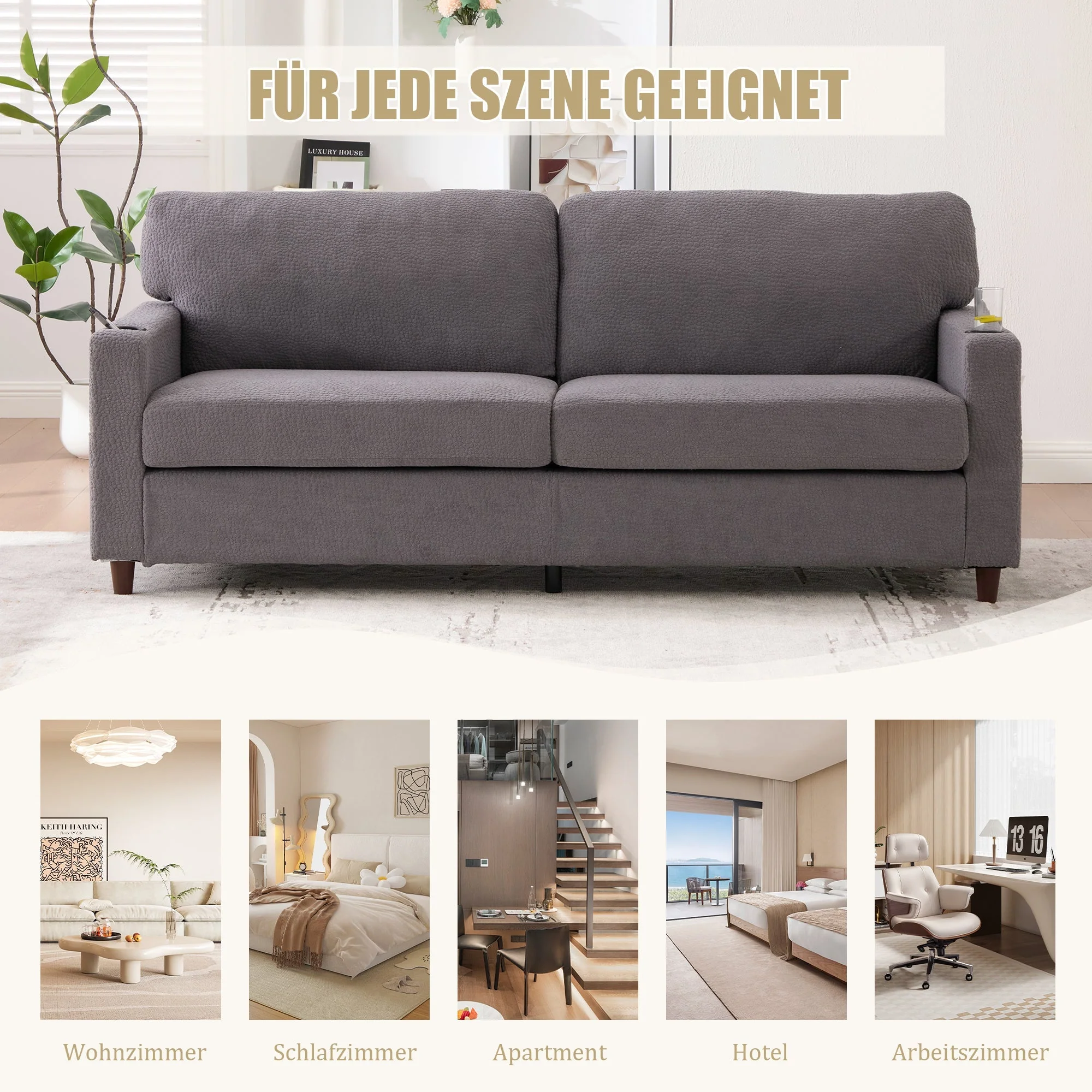 2-Seater Sofa USB-C LED Cup Holders & Pockets - Light Gray Chenille - Image 7