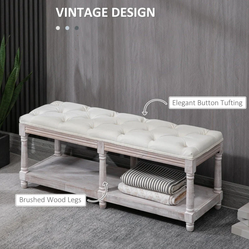 2-Tier Bed End Bench Stool, Vintage Upholstered Storage Shelf, Cream White - Image 3