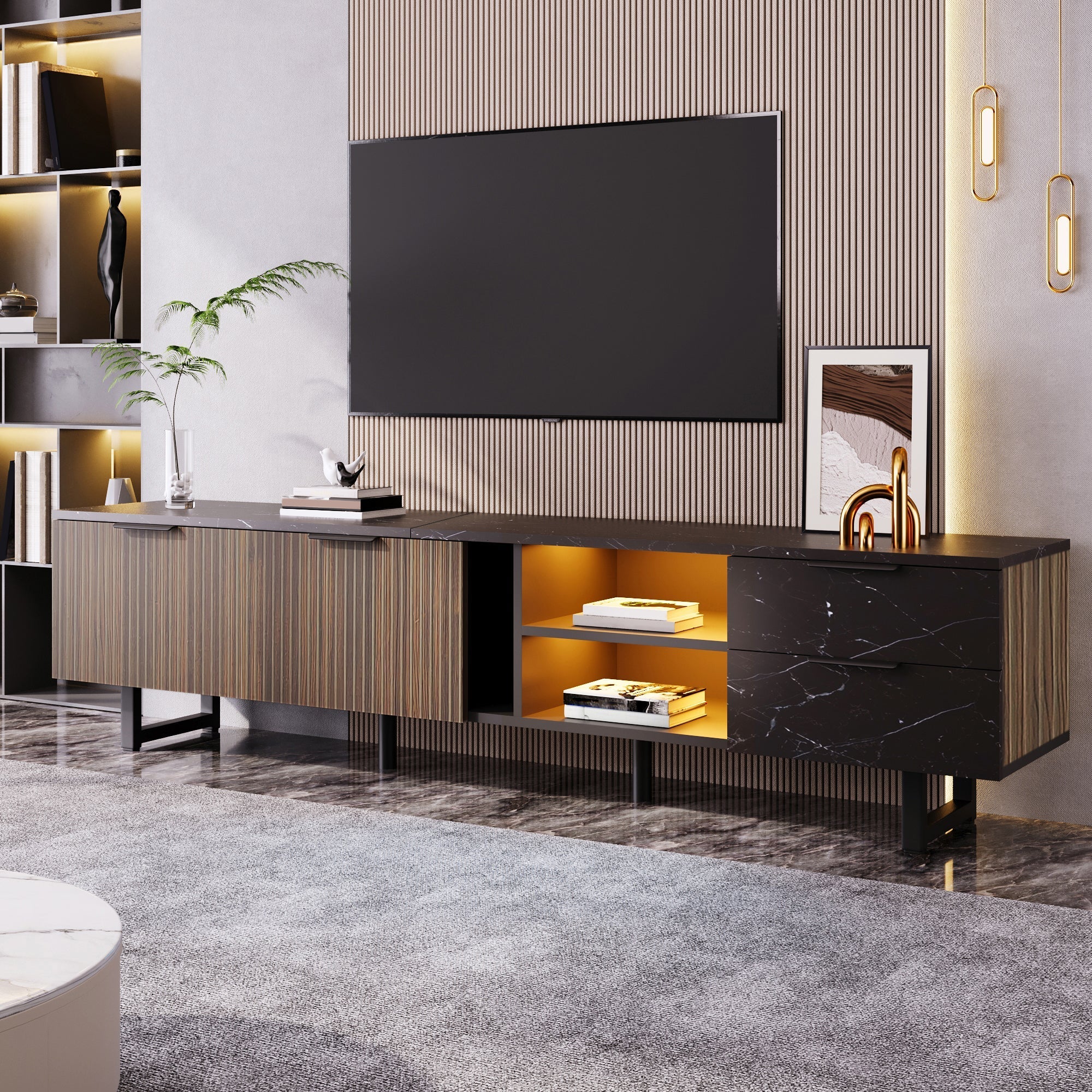200cm TV Cabinet, Adjustable LED Lighting, Two Doors/Drawers, Black Marble Look/Dark Wood Grain - Image 3