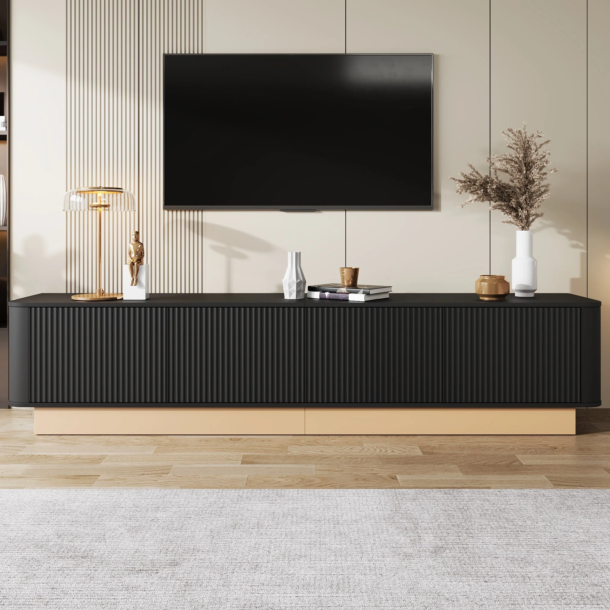 200cm TV Lowboard with 4 Doors and Adjustable Shelves, Modern Minimalist Style, MDF Material