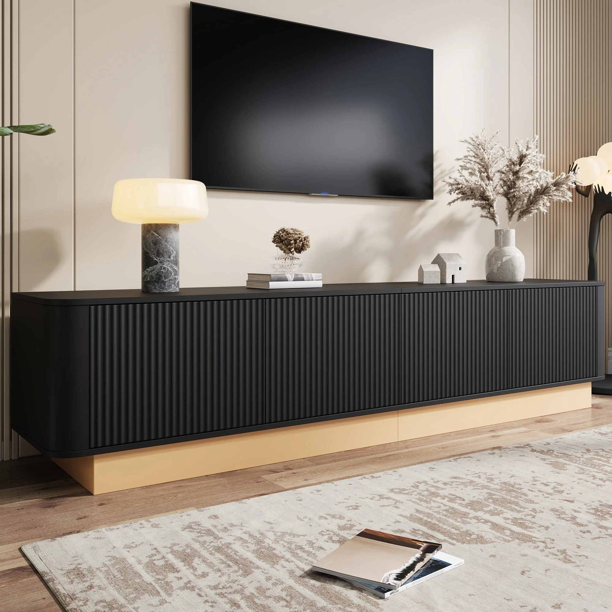 200cm TV Lowboard with 4 Doors and Adjustable Shelves, Modern Minimalist Style, MDF Material - Image 9