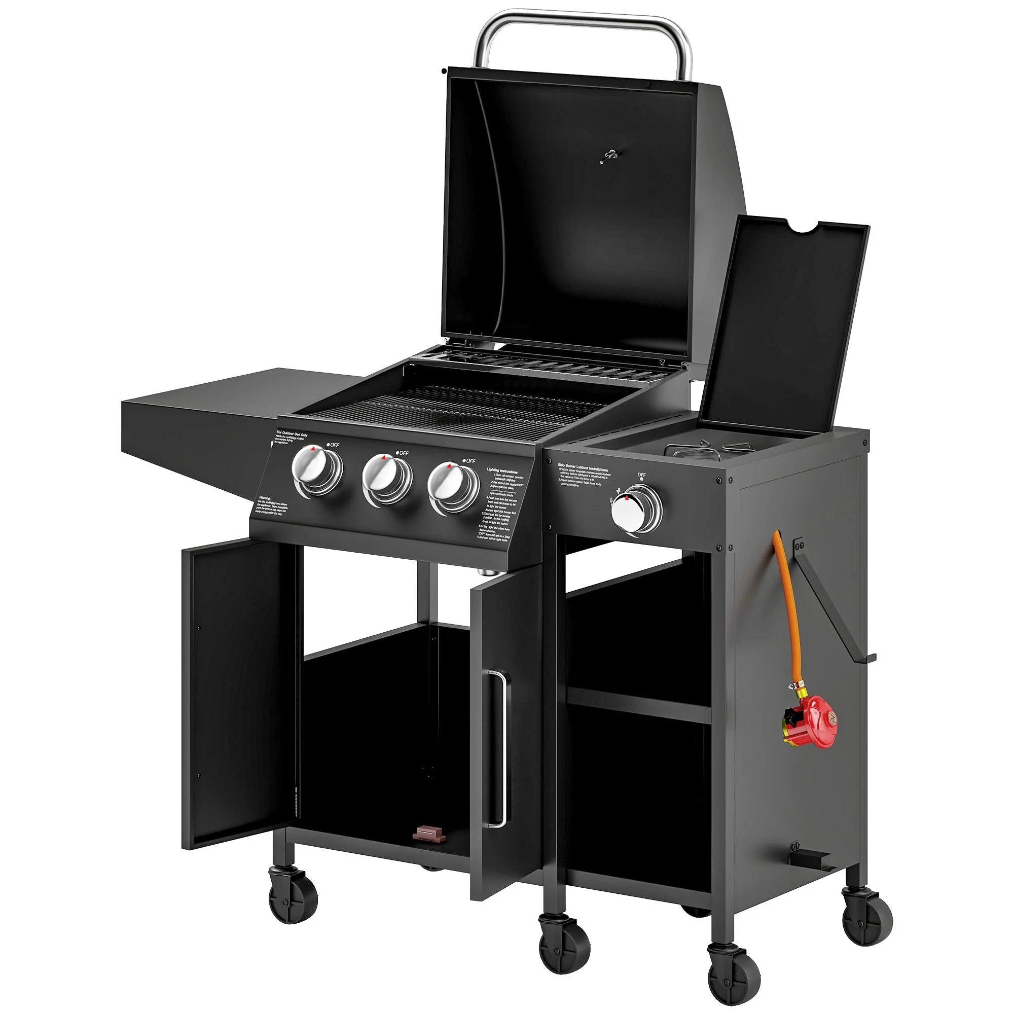 3+1 Burner Gas BBQ Grill, 9.5 kW with Storage Cabinet and 6 Castor Wheels, Black - Image 2