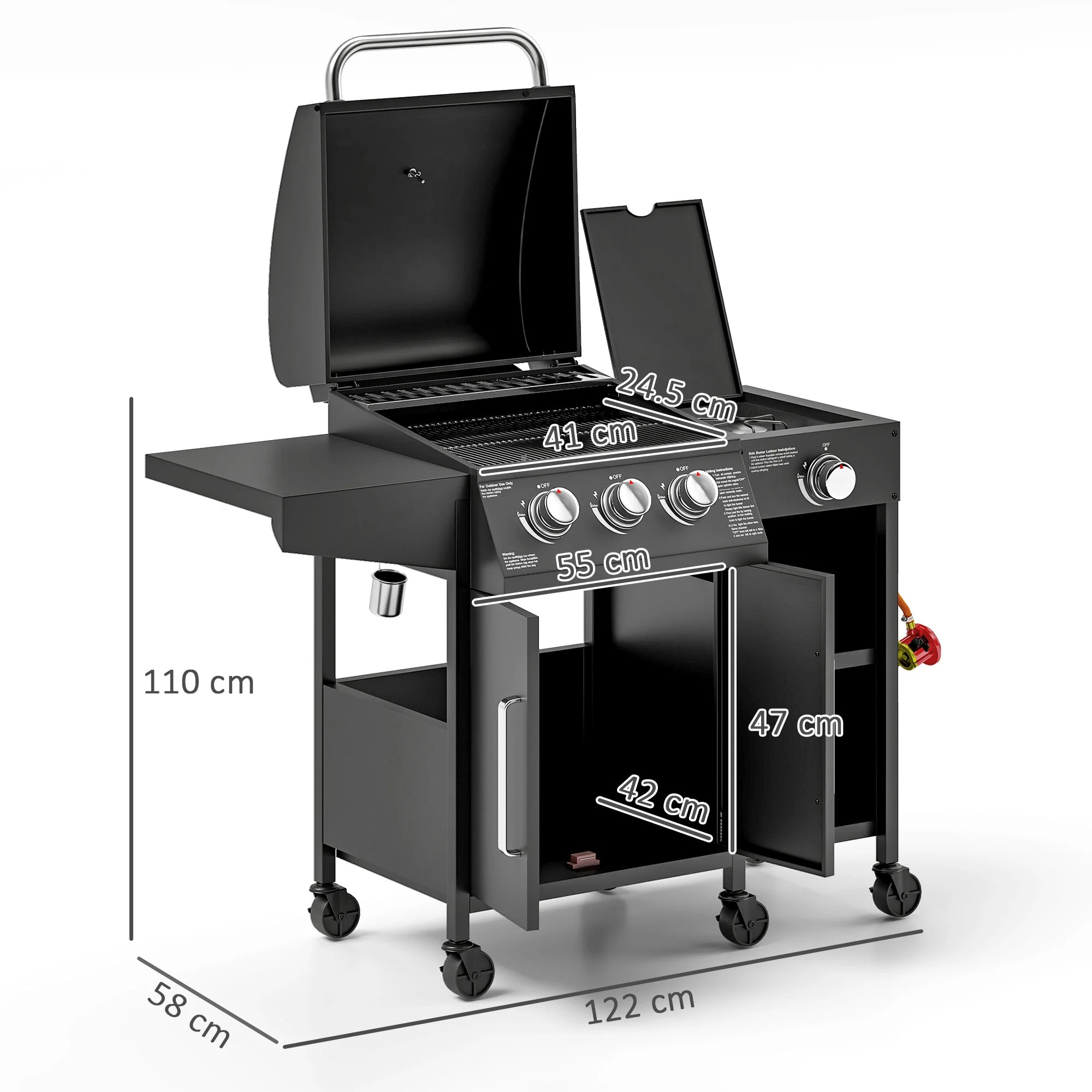 3+1 Burner Gas BBQ Grill, 9.5 kW with Storage Cabinet and 6 Castor Wheels, Black - Image 3