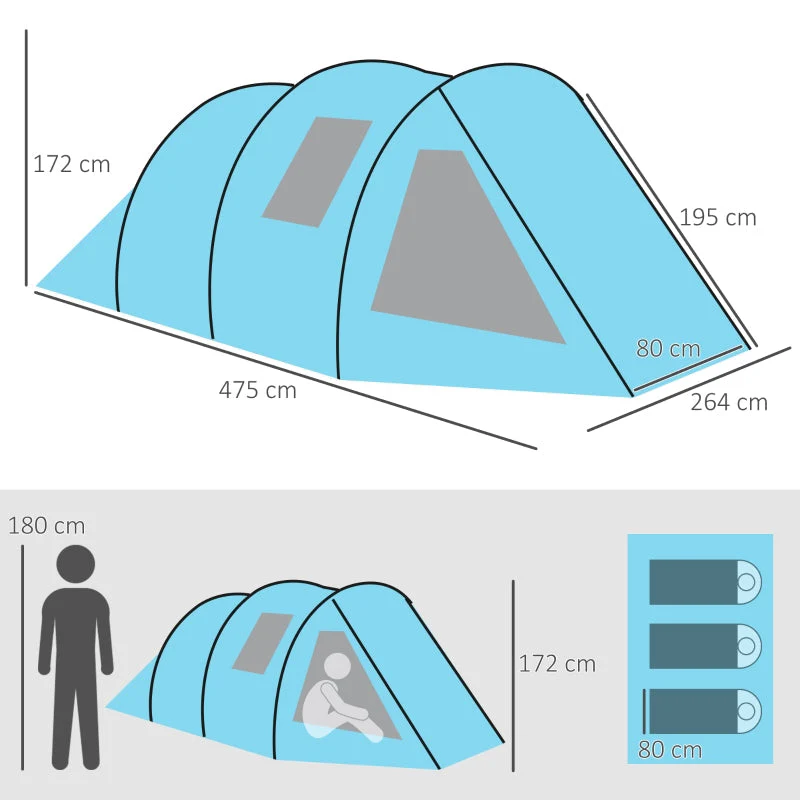 3-4 Man Tunnel Tent, Two Room Camping Tent with Windows, Portable Carry Bag - Blue - Image 3