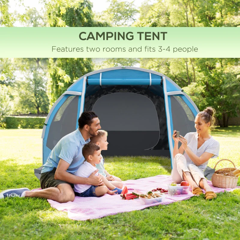 3-4 Man Tunnel Tent, Two Room Camping Tent with Windows, Portable Carry Bag - Blue - Image 4