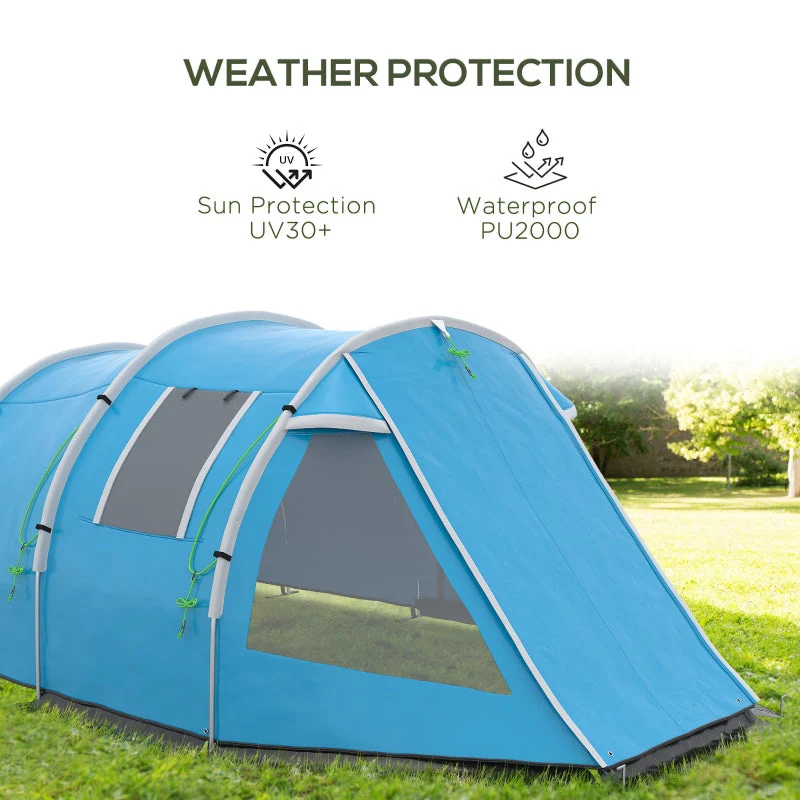 3-4 Man Tunnel Tent, Two Room Camping Tent with Windows, Portable Carry Bag - Blue - Image 5