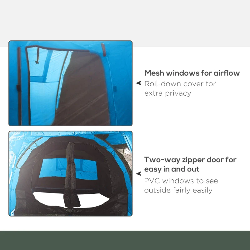 3-4 Man Tunnel Tent, Two Room Camping Tent with Windows, Portable Carry Bag - Blue - Image 6