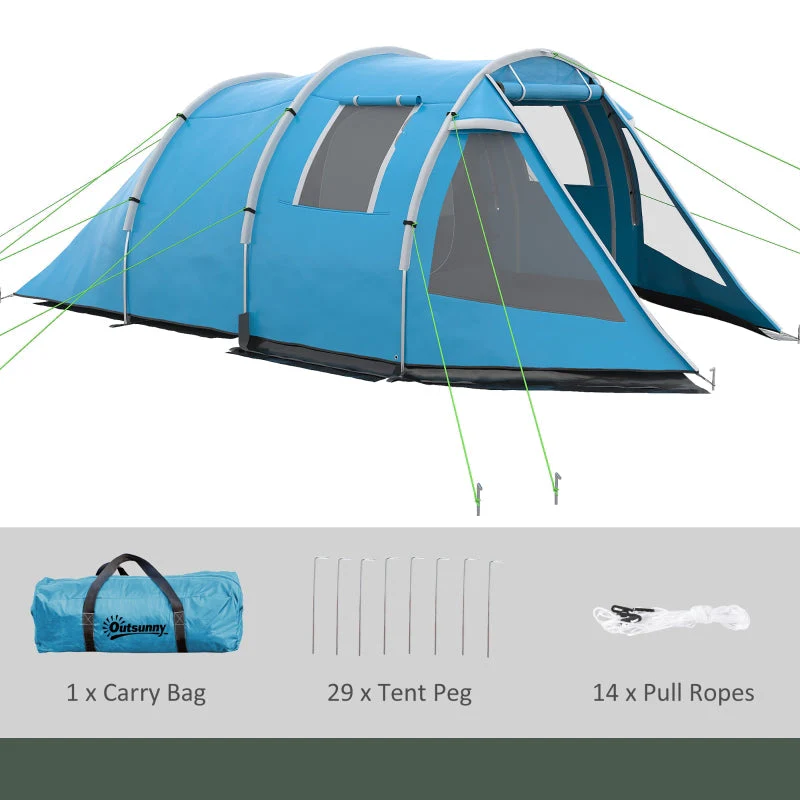 3-4 Man Tunnel Tent, Two Room Camping Tent with Windows, Portable Carry Bag - Blue - Image 7