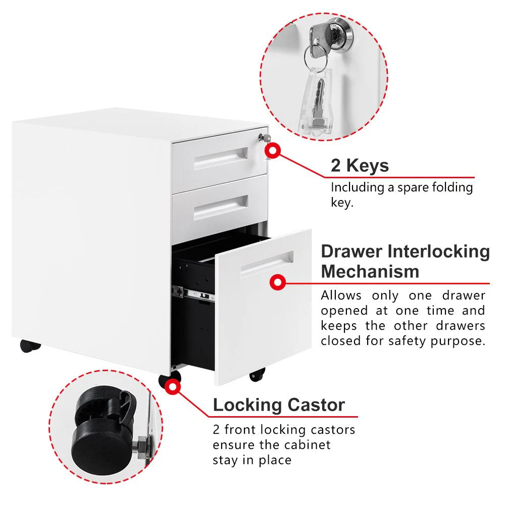3 Drawer File Cabinet Filing Pedestal Metal Solid Mobile with Keys, Fully Assembled Except Casters (White) - Image 4