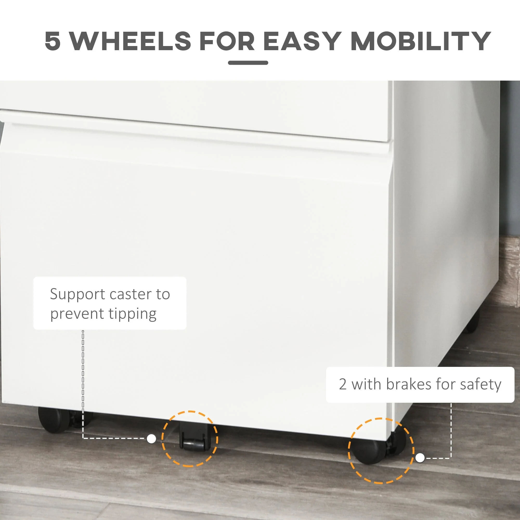 3 Drawer Filing Cabinet, Anti-tilt Mobile Storage for Letter/A4/Legal, White Metal - Image 5