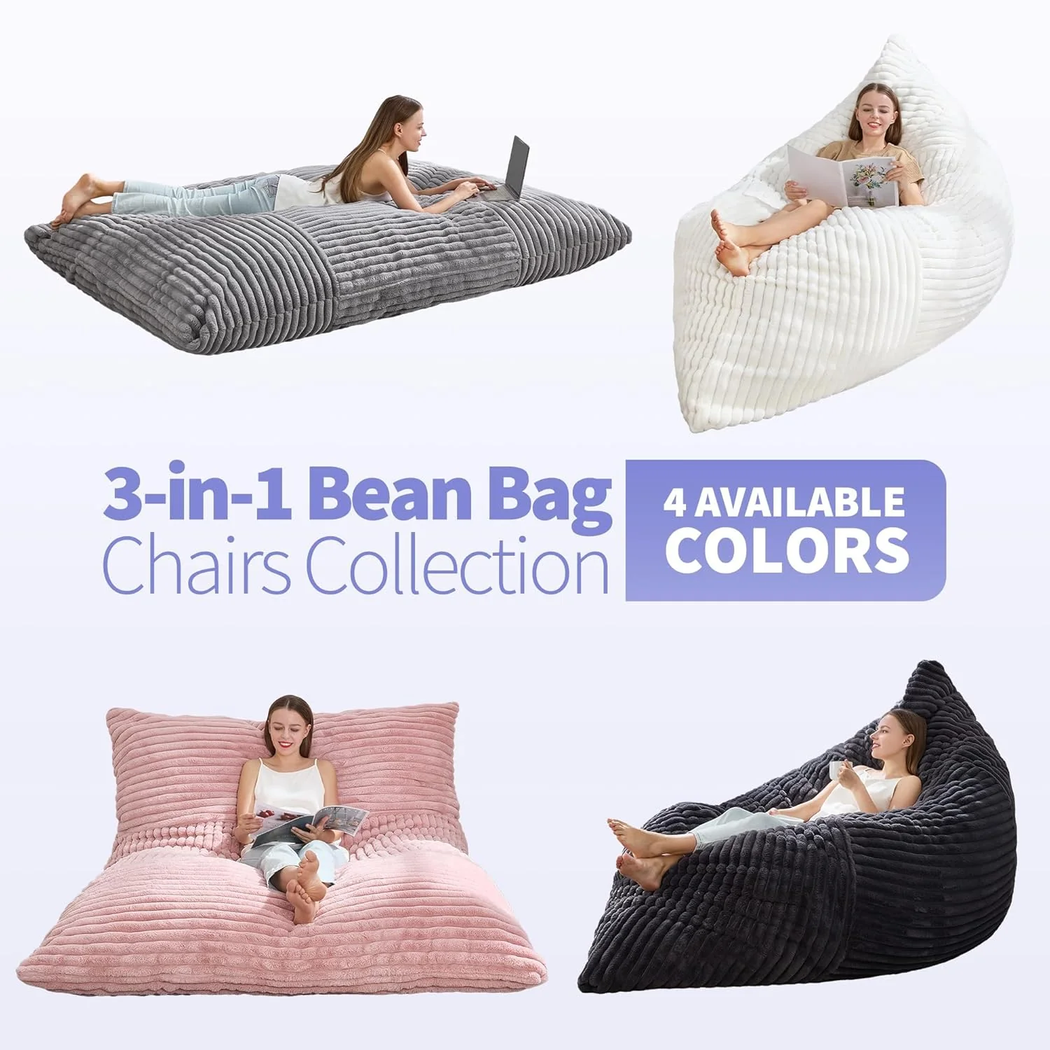 3-in-1 Convertible Bean Bag Chair Lounger with Memory Foam & Washable Cover, Light Gray Corduroy - Image 2